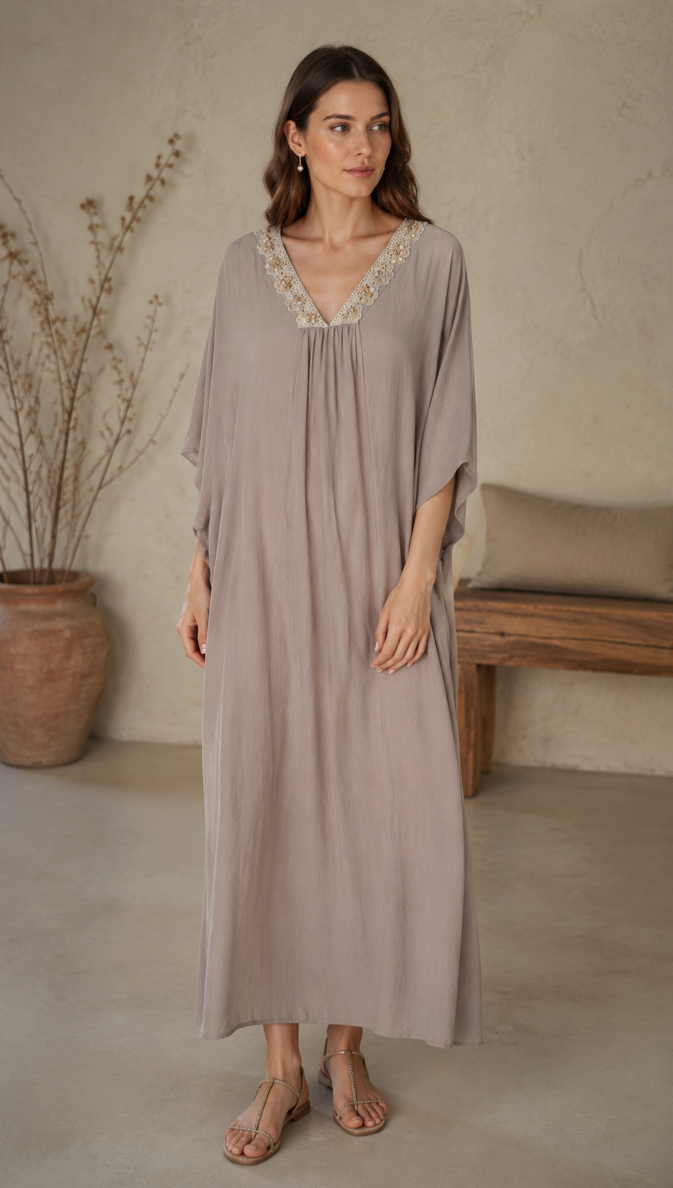 Linen-Blend Kaftan Dress with Shell & Lace Neckline LA-810005