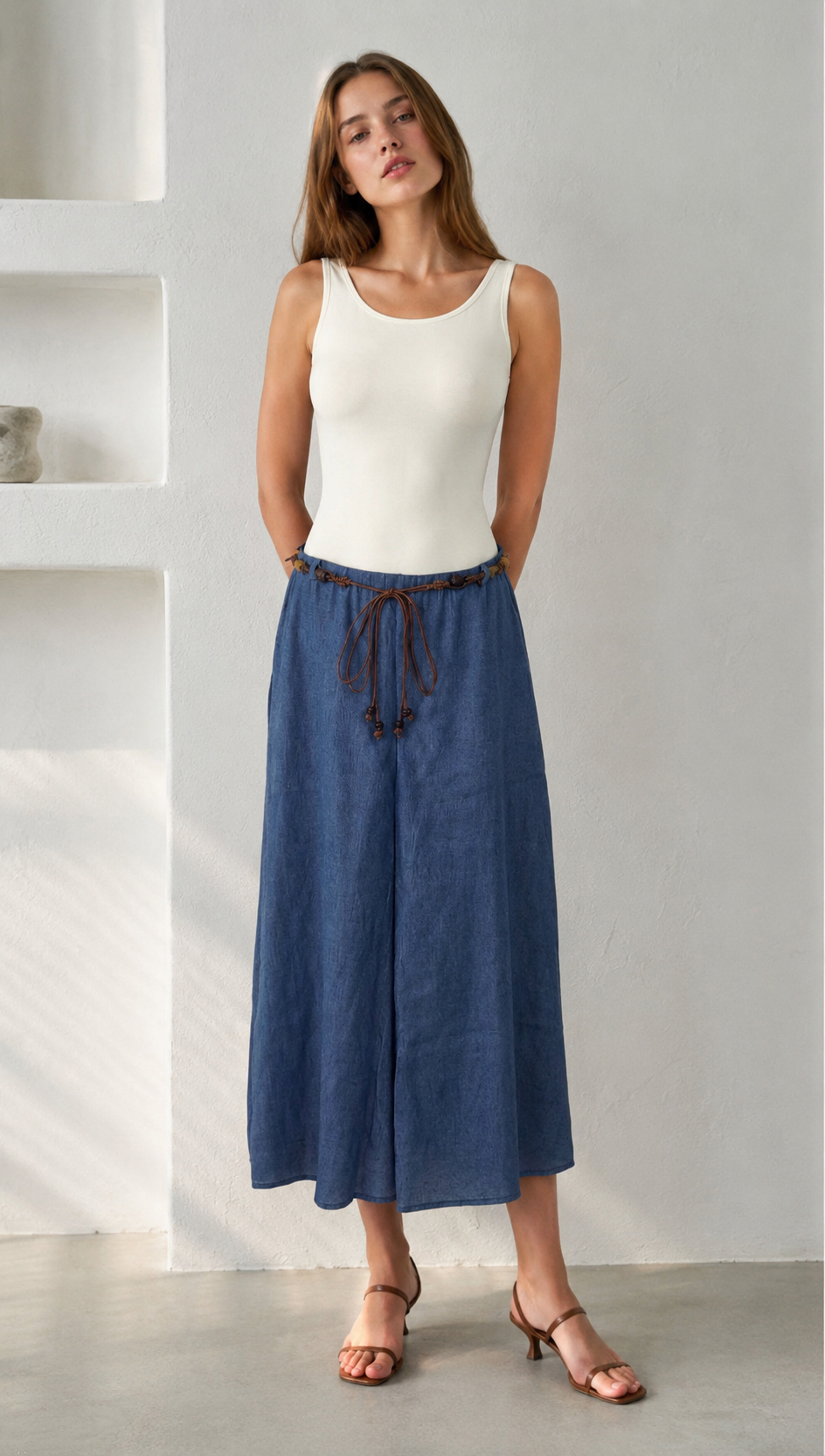 Linen-Blend A-Line Skirt with Beaded Belt AN-620050