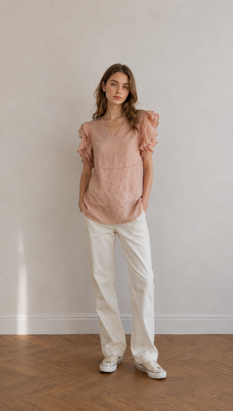 Linen-Blend Embroidered Blouse with Ruffled Sleeves AN-710001
