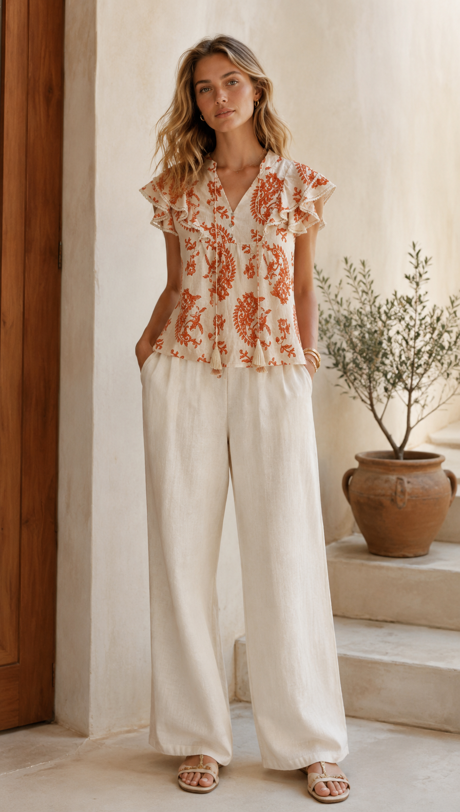 Boho Beige Paisley Print Blouse - Ruffle Sleeve Relaxed Fit Top  AN-710027