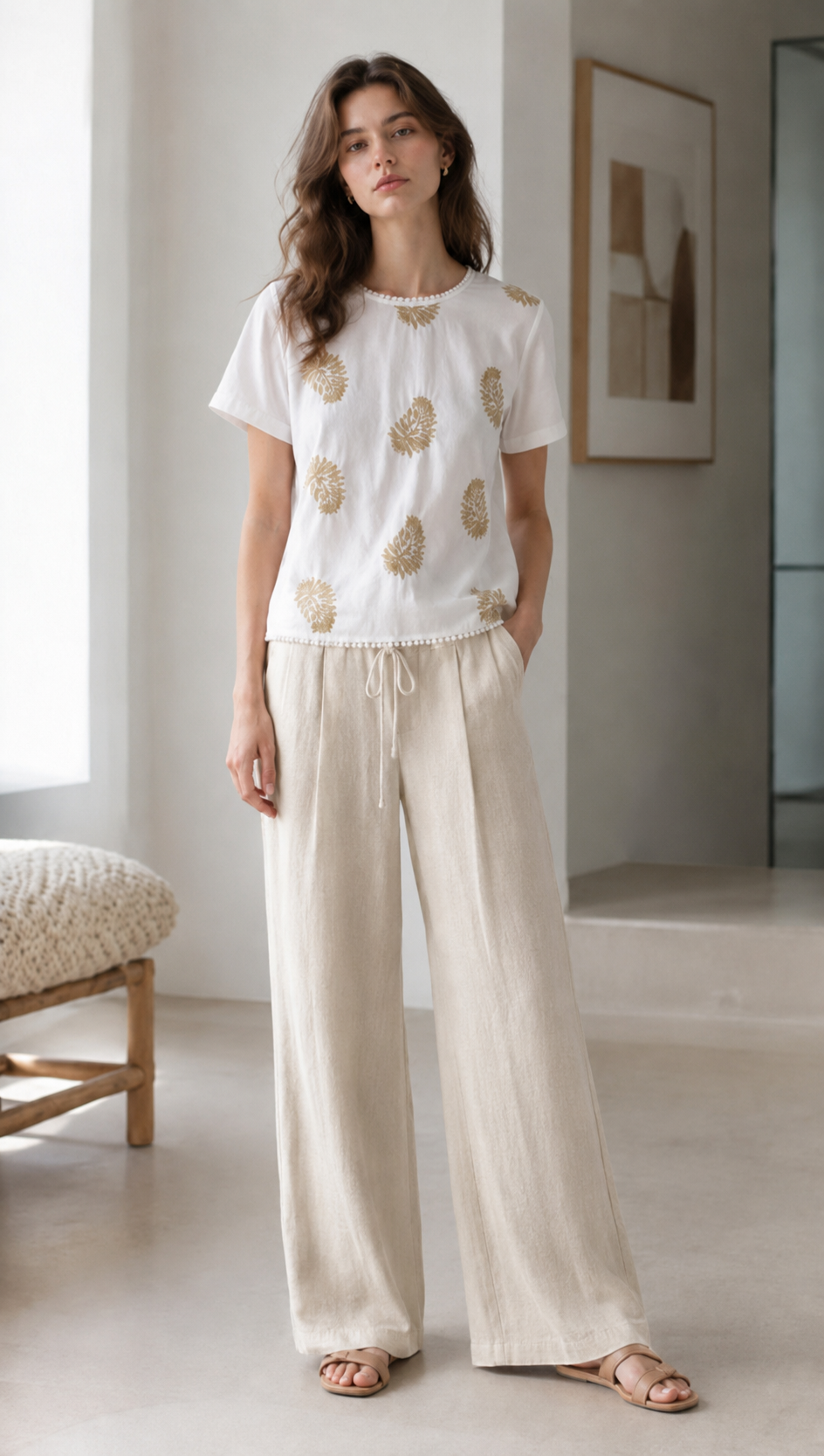 Elegant Cotton-Blend Blouse with Lace Trim AN-750004