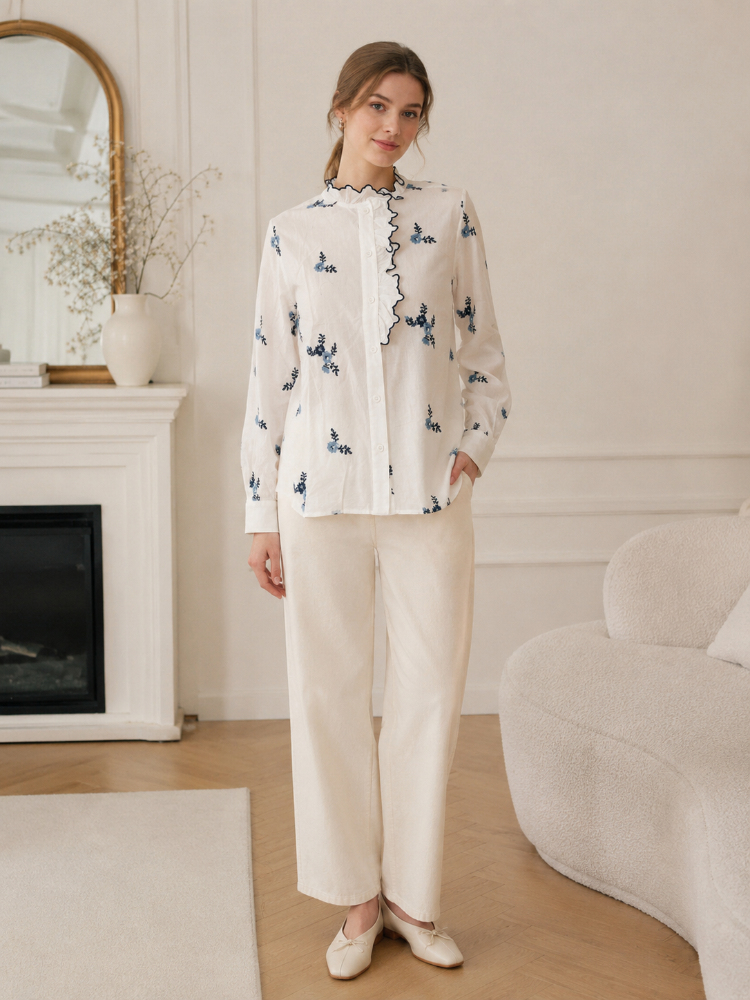 Floral Embroidered Ruffle Trim Blouse AN-710005