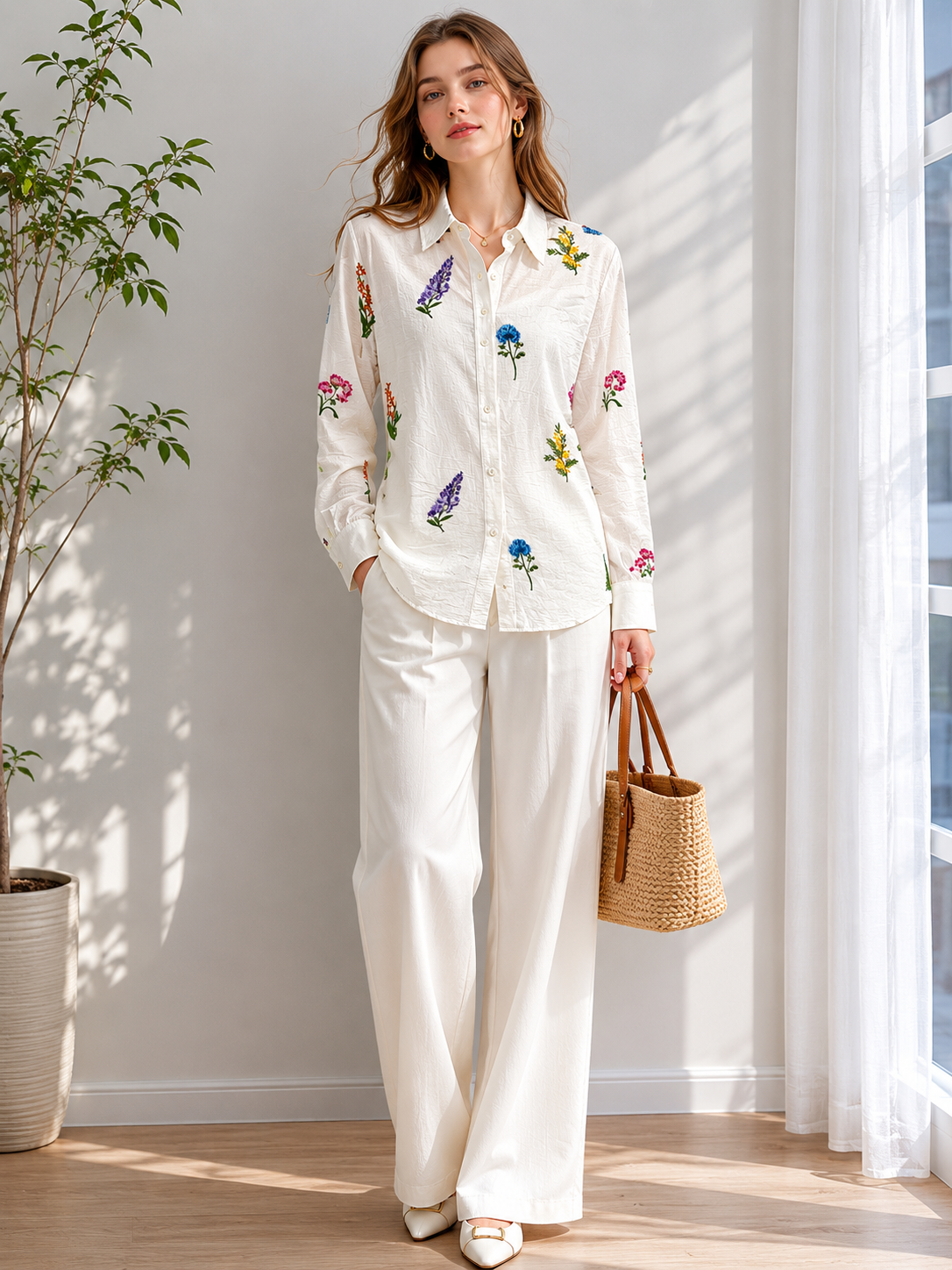 Floral Embroidered Long-Sleeve Button-Up Shirt AN-710017