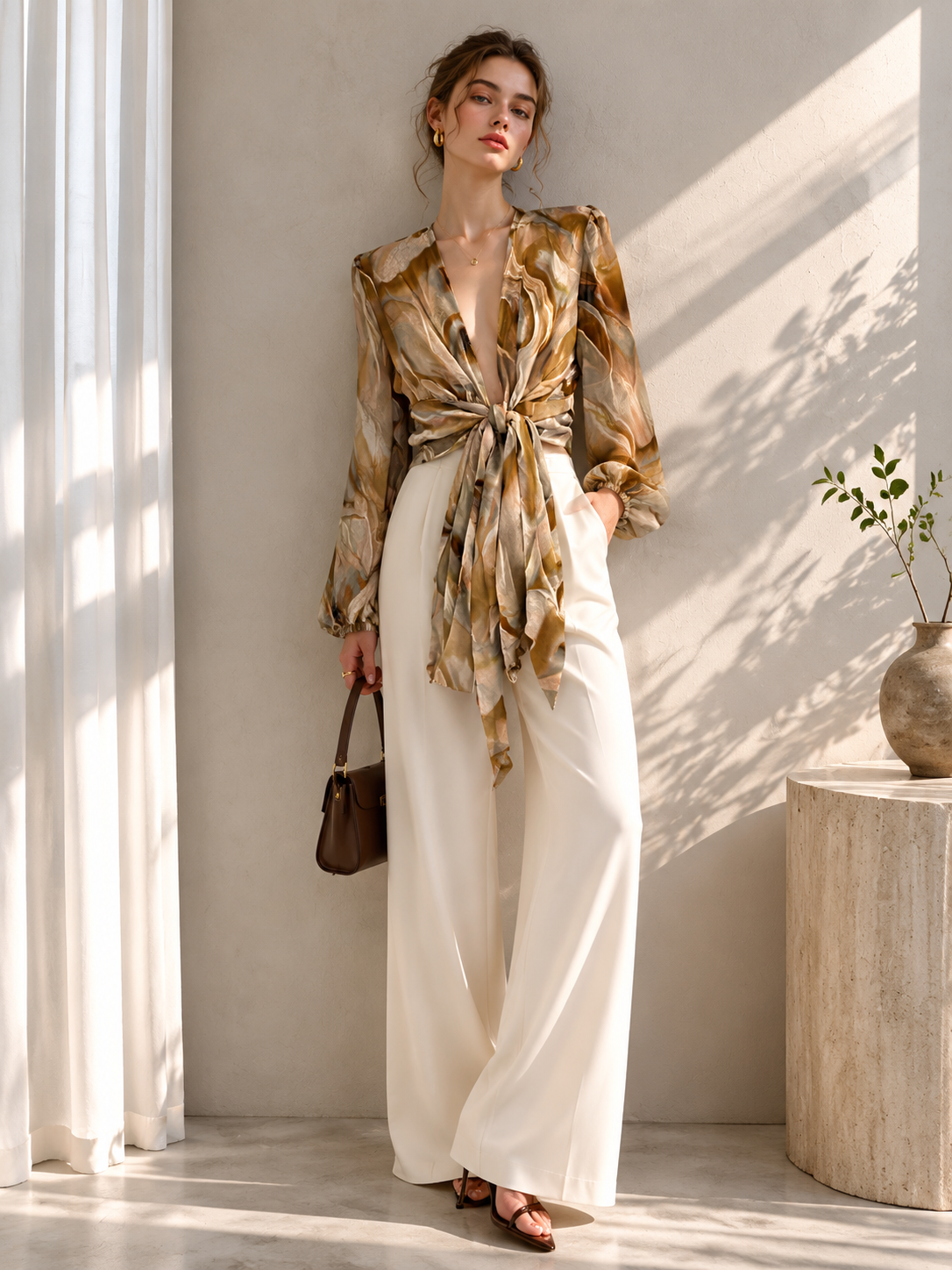 Minimalist Sheer Tie-Dye Long-Sleeve Wrap Blouse LA-710010