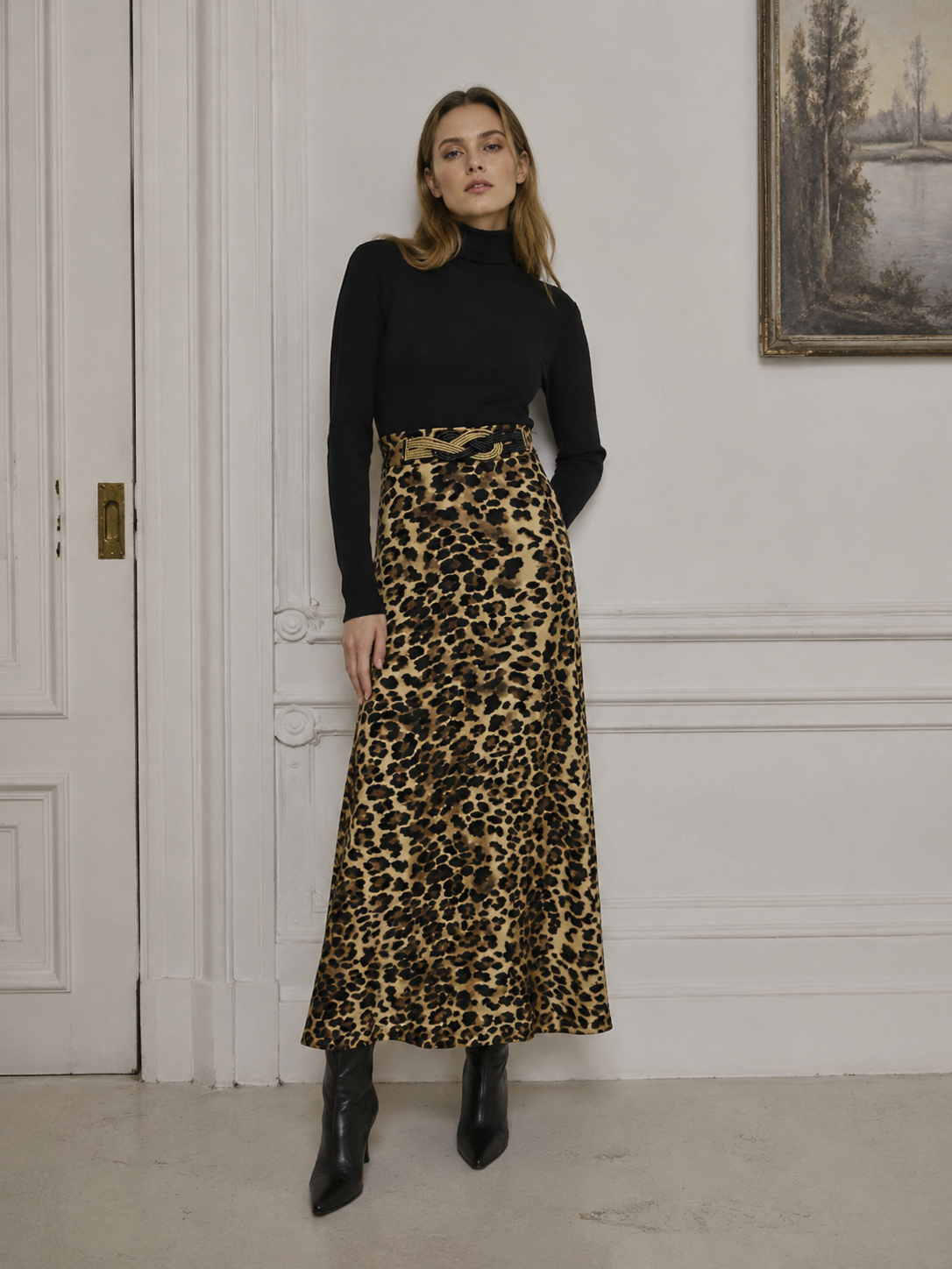 Chic Leopard Print Satin Skirt - Knot Detail High Waist Office Skirt  AN-190510