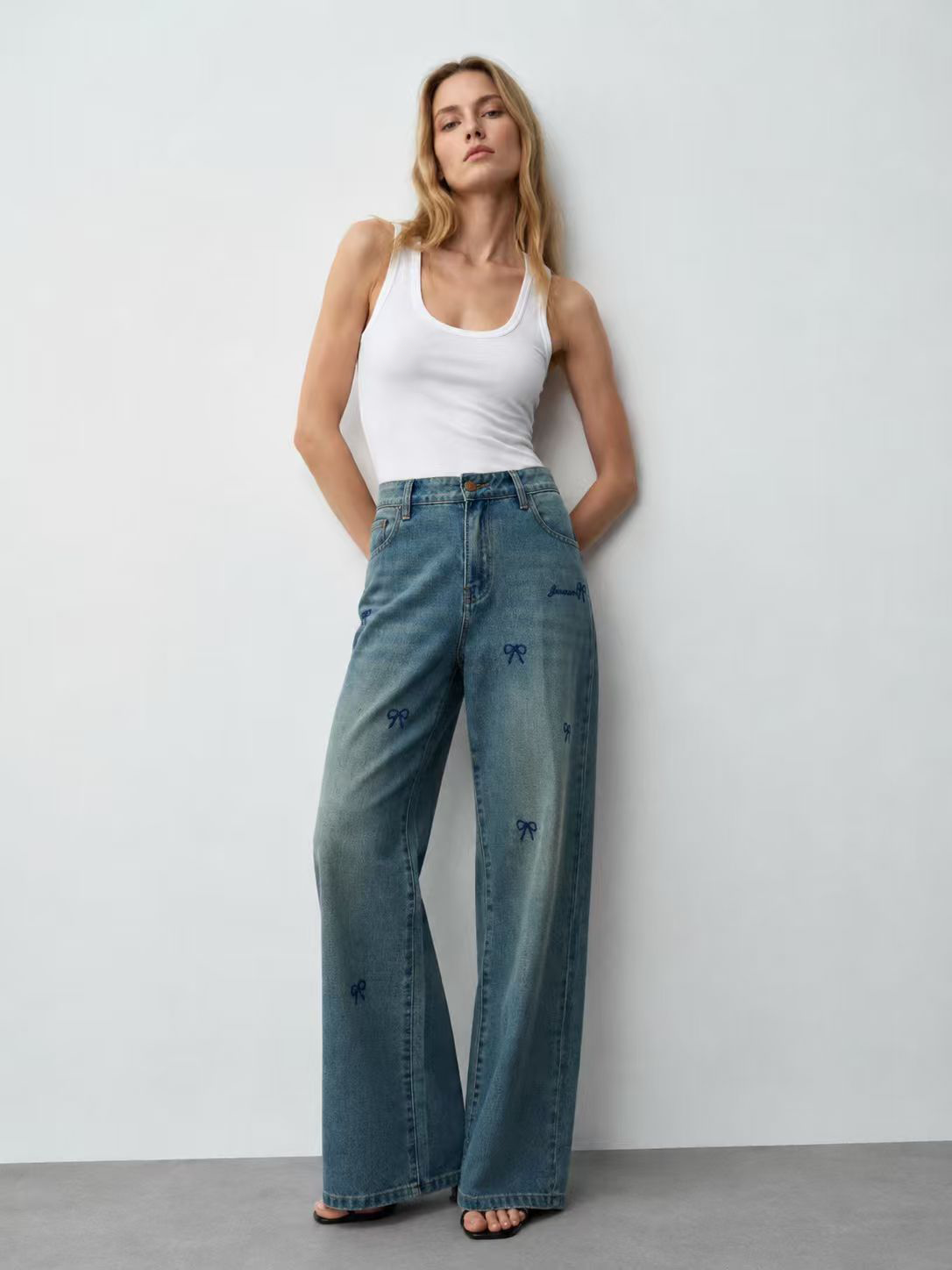 Women's High Waist Bow Detail Wide Leg Denim Pants ZY6037