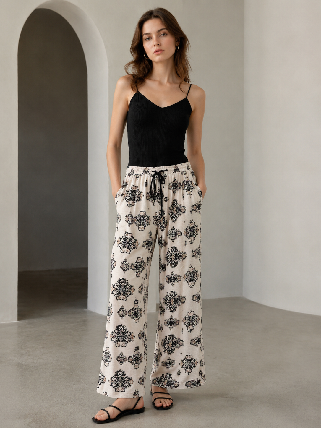 Glamorous Boho Party Pants - Vintage Print High Waist Wide Leg Trousers  AN-121001