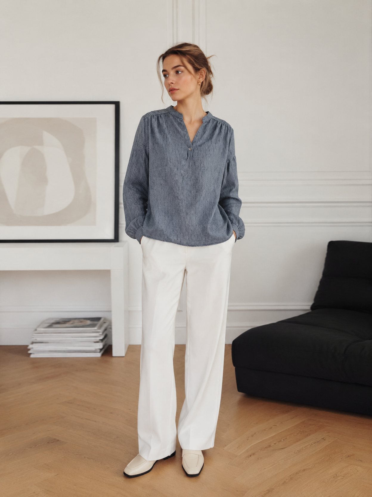 Textured Cotton Blouse – Casual V-Neck Balloon Sleeve Loose Fit Summer Top AN-121002