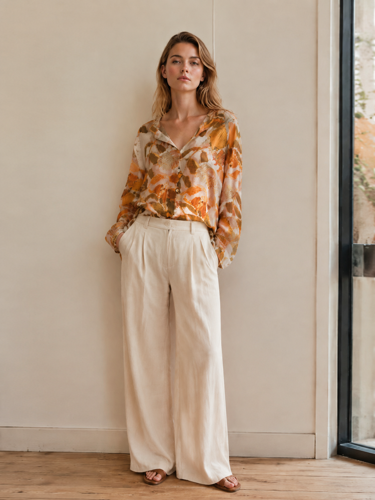 Floral Print Linen Blend Shirt – Casual V-Neck Button Down Loose Fit Resort Blouse AN-121007