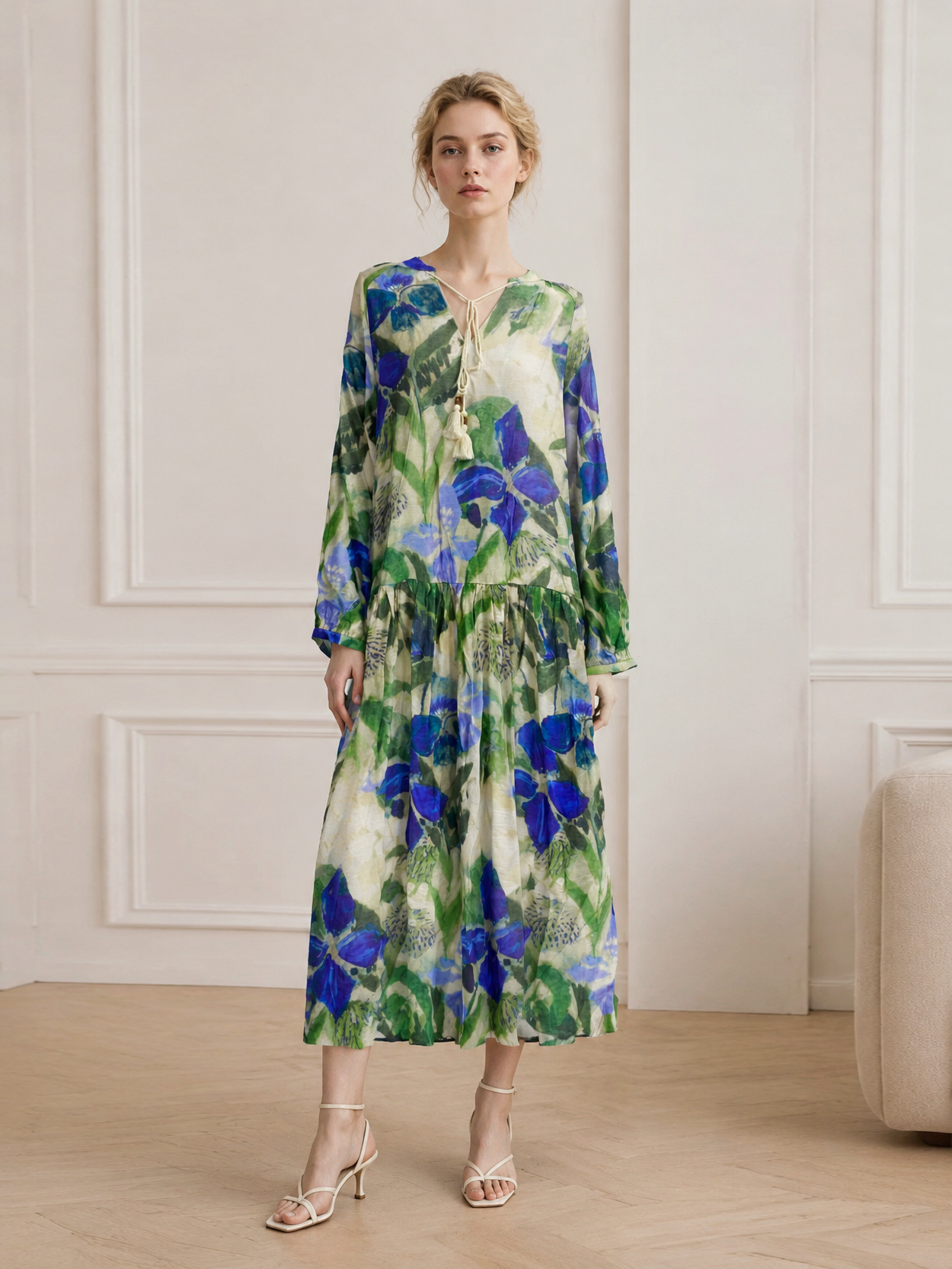 Boho Floral Maxi Dress – V-Neck Tassel Tie Loose Fit Long Sleeve Resort Dress AN-121008