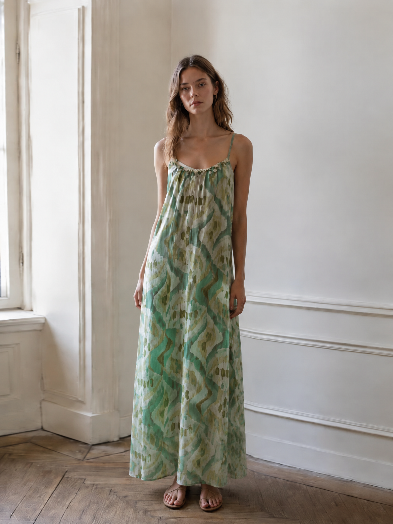 Boho Beaded Neckline Maxi Dress Women Geometric Print Summer Resort Wear AN-121009