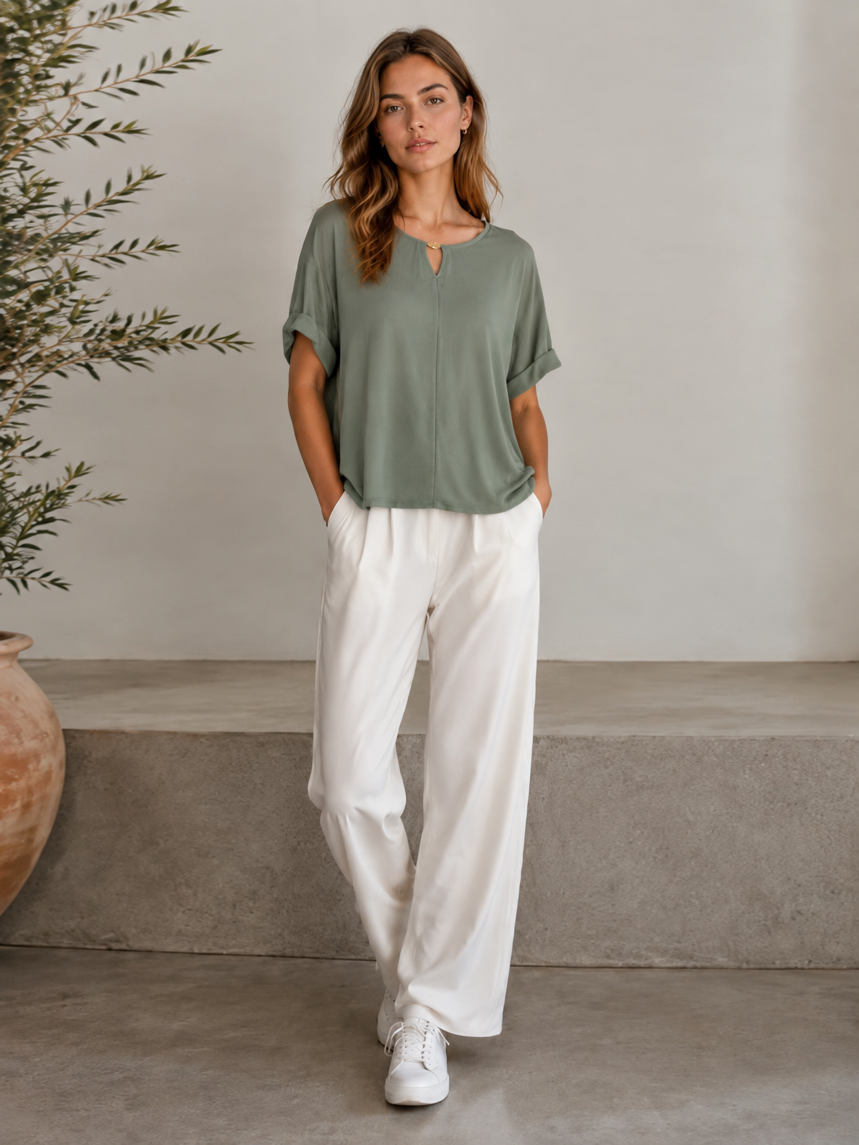 Minimalist V-Neck Keyhole Blouse Metal Ring Detail Relaxed White Top AN-121015