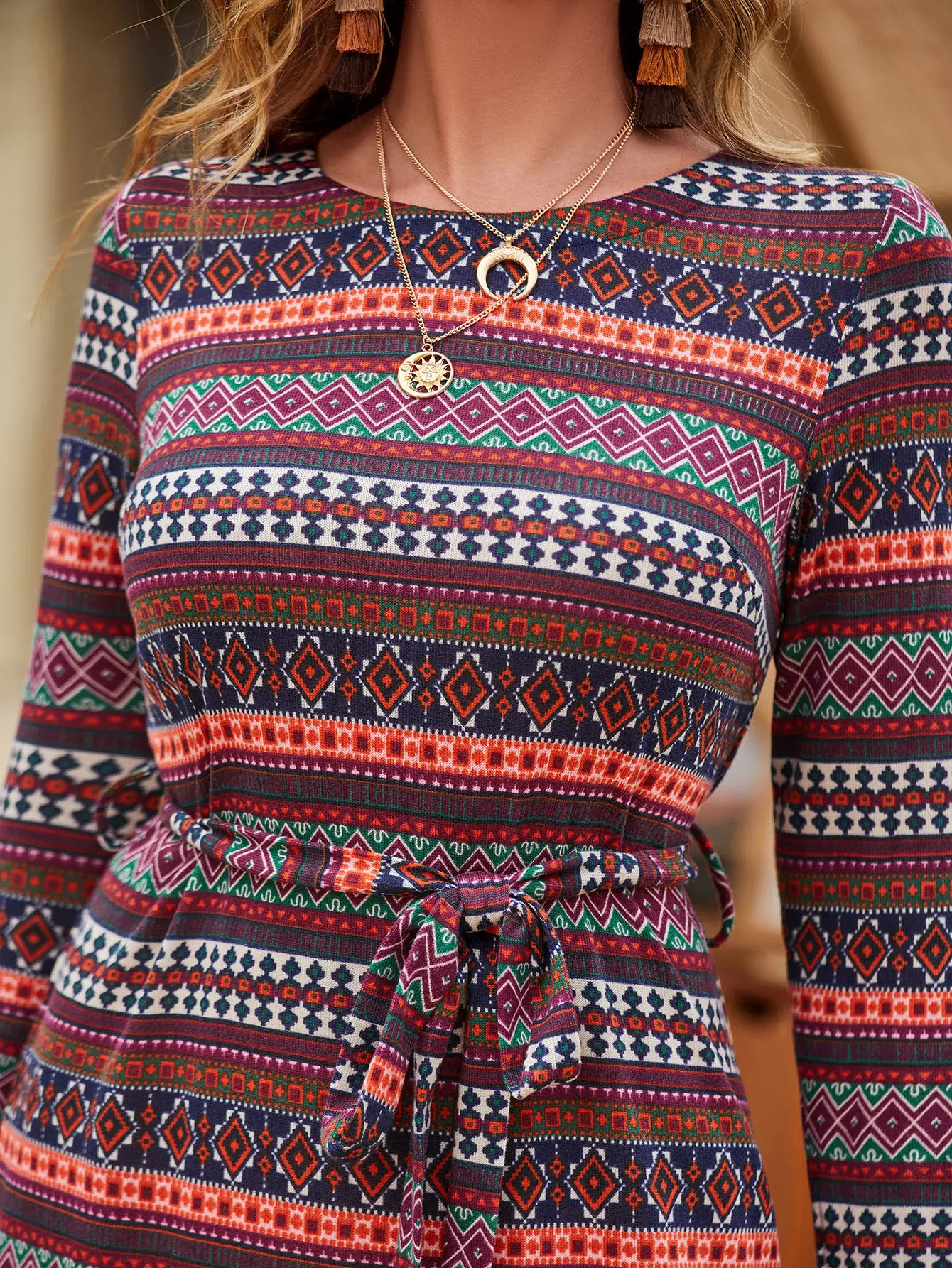 Women’s Boho Geometric Print Long Sleeve Waist Tie Mini Dress M-33632