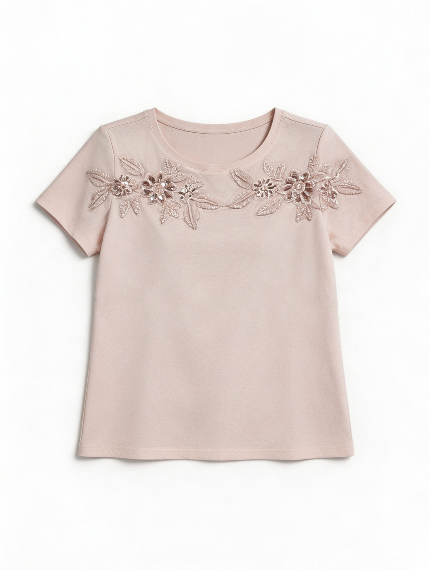 Chic Blush Pink Sequin Flower T-Shirt - Relaxed Fit Short Sleeve Top  S-2535