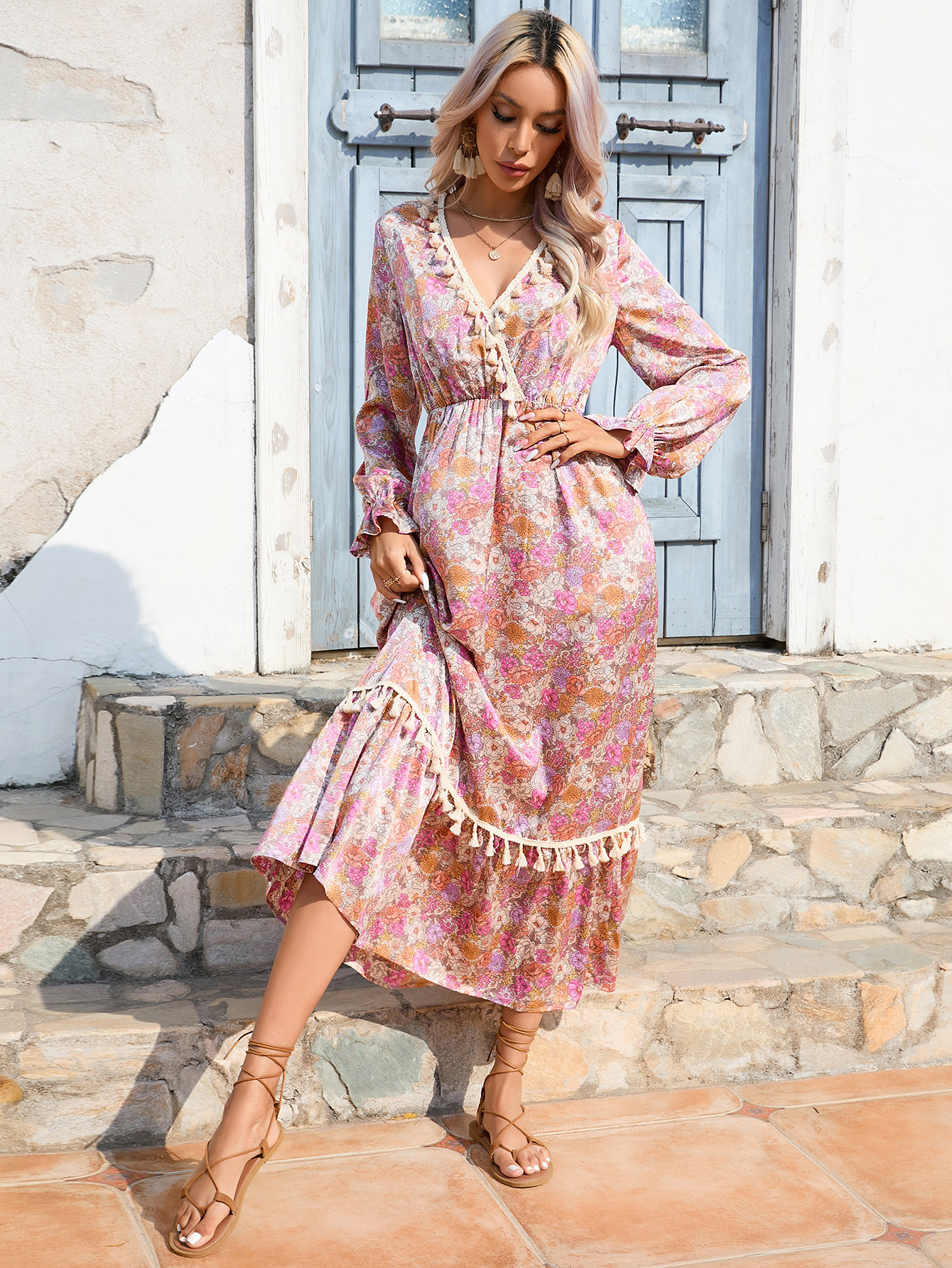 Women’s Floral V Neck Boho Maxi Dress M-34360