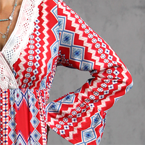 Women’s Boho Geometric Maxi Dress with Long Sleeves & V-Neck Lace – Ethnic Style D-33379