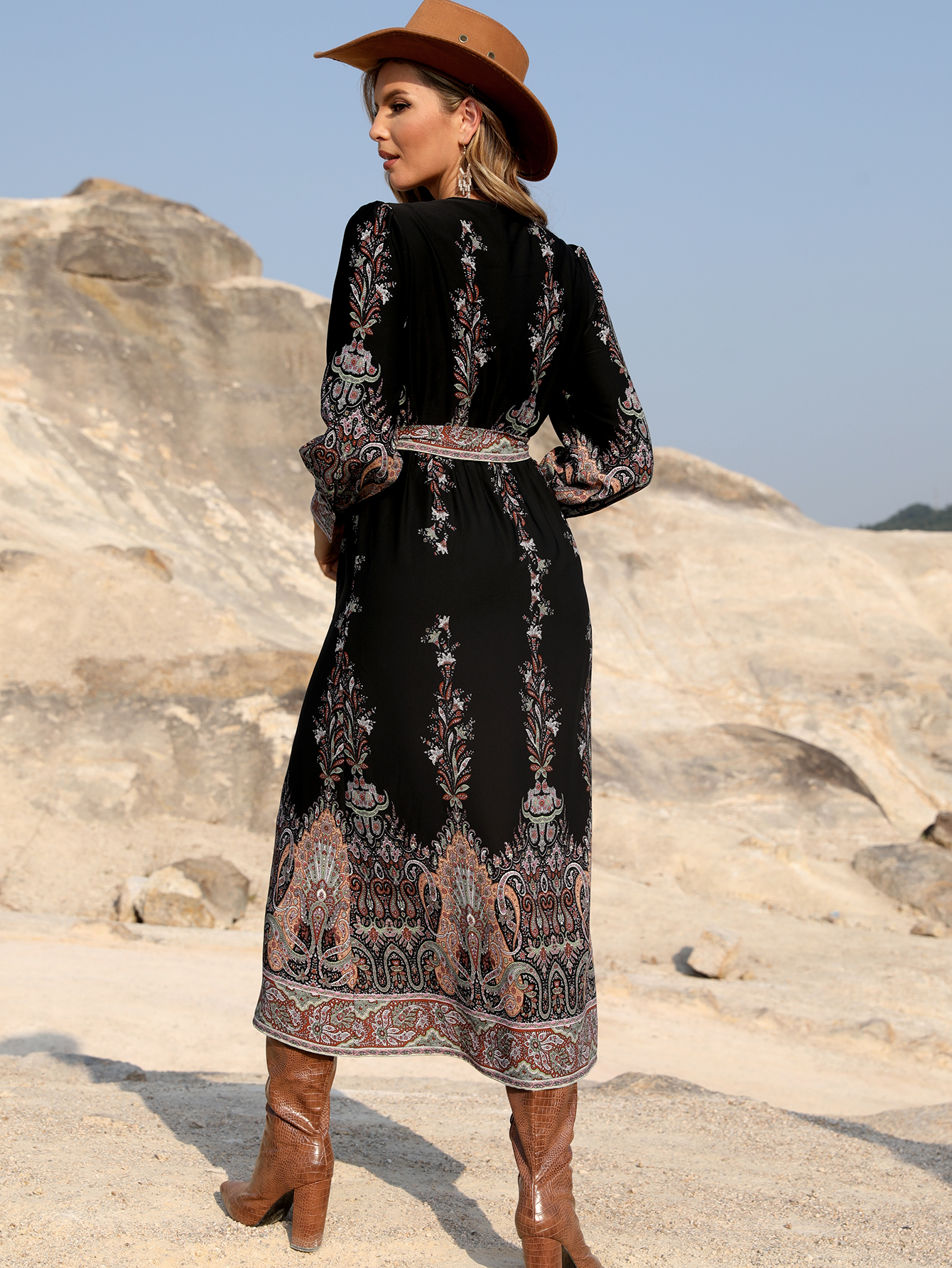 Boho Paisley Print Long Sleeve Midi Dress W-33803