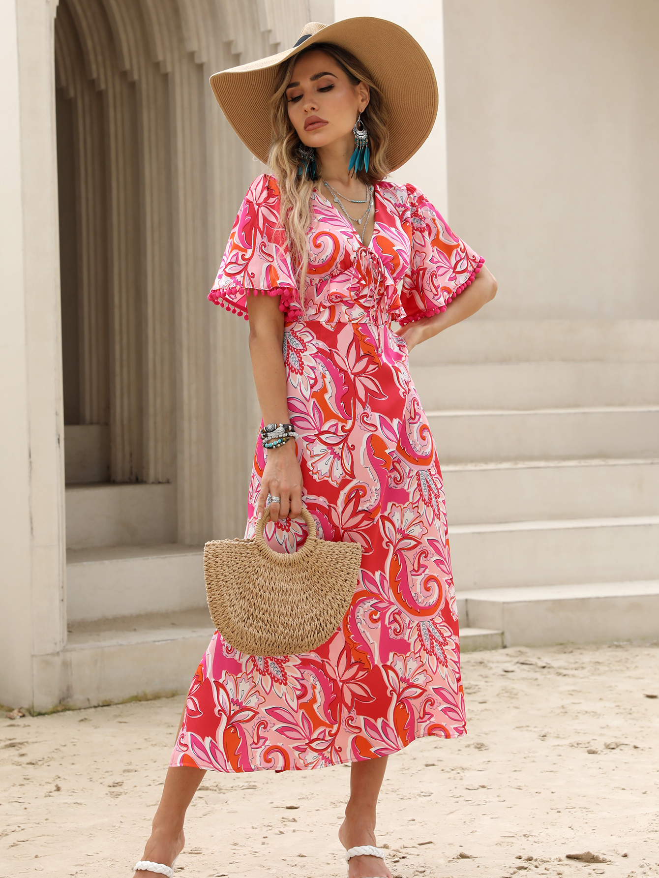 Women’s Boho Tropical Floral V-Neck Maxi Dress W-32812