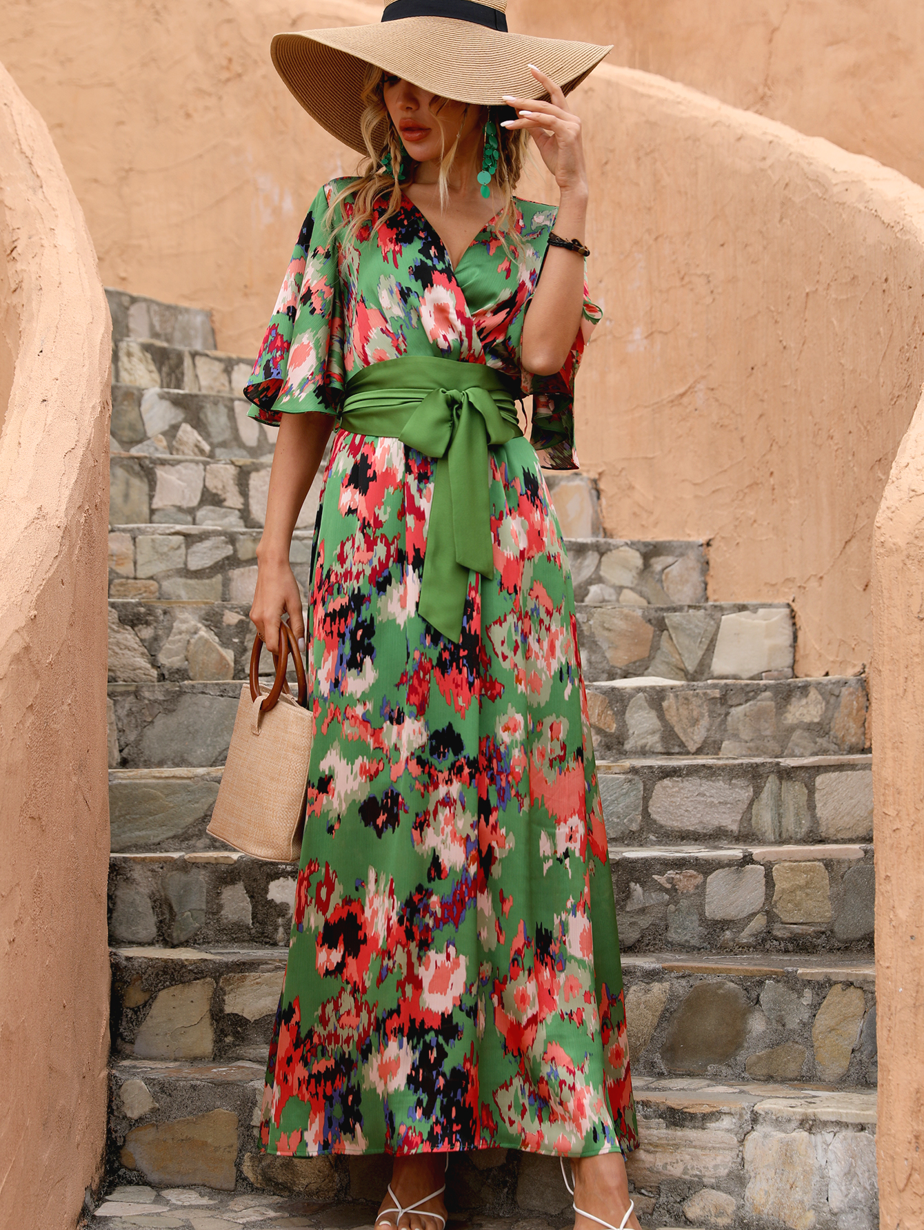 Vibrant Floral Wrap Belted Flutter Sleeve Maxi Dress W-32906