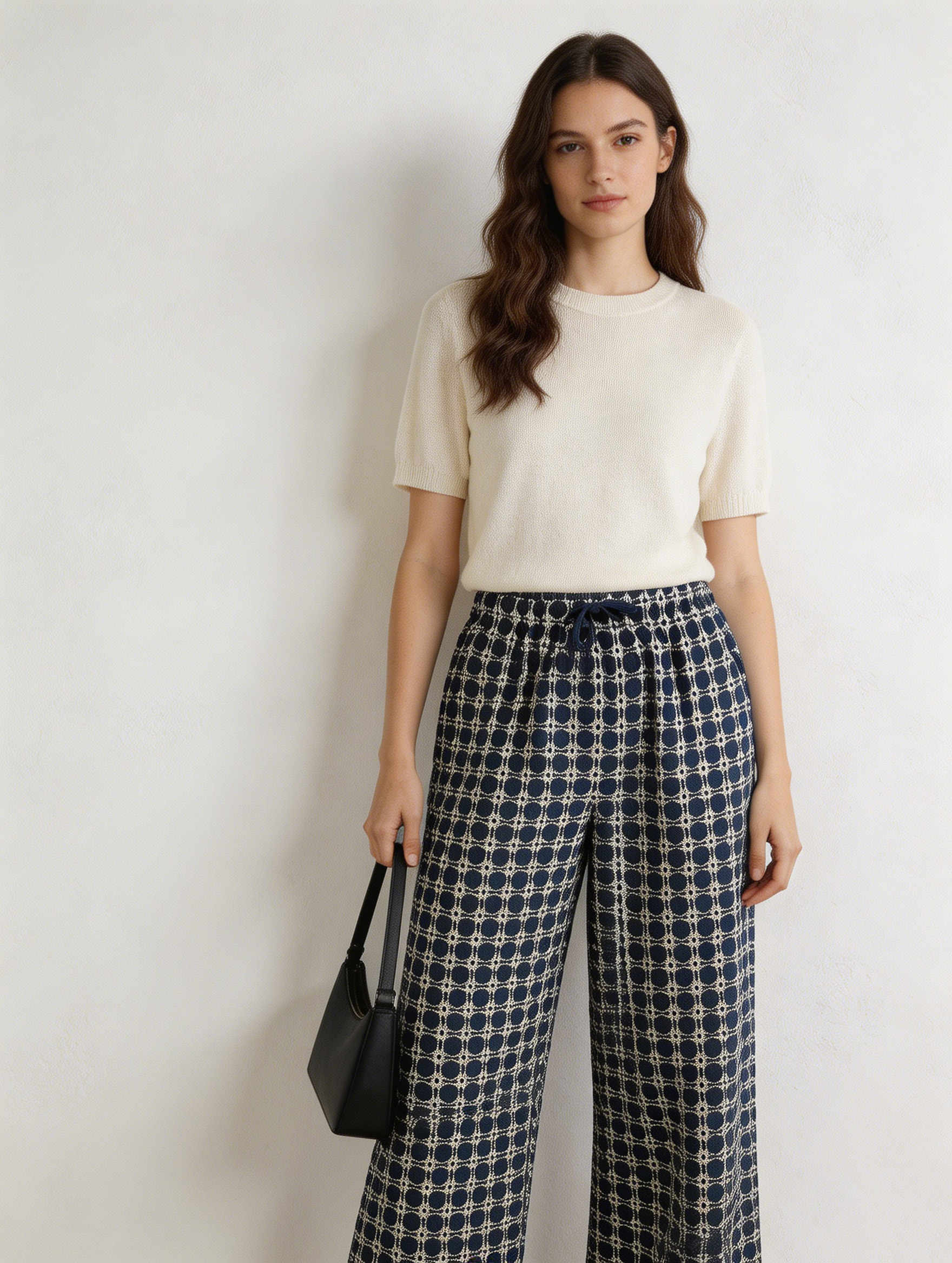 Women's Navy Geometric Circle Print Wide Leg Pants - Drawstring Waist Trousers  AN-710013