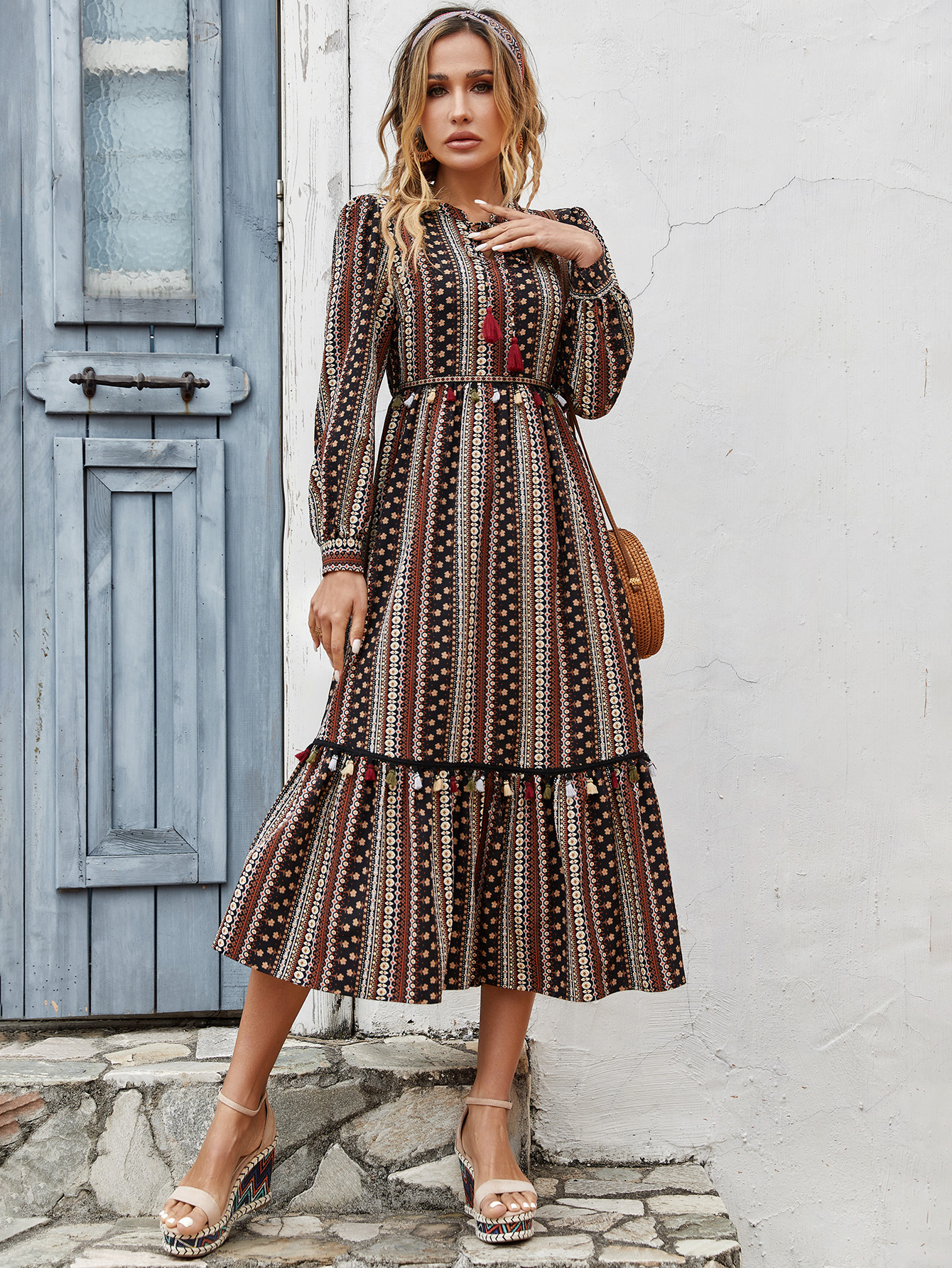 Women’s Boho Ethnic Print Midi Dress – Long Sleeve Tassel Detail D-33946