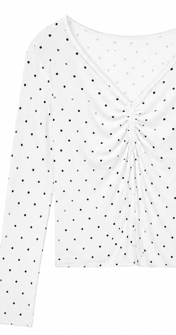French Style Polka Dot Ruched Tee - V-Neck Slim Fit Top  AN-710008