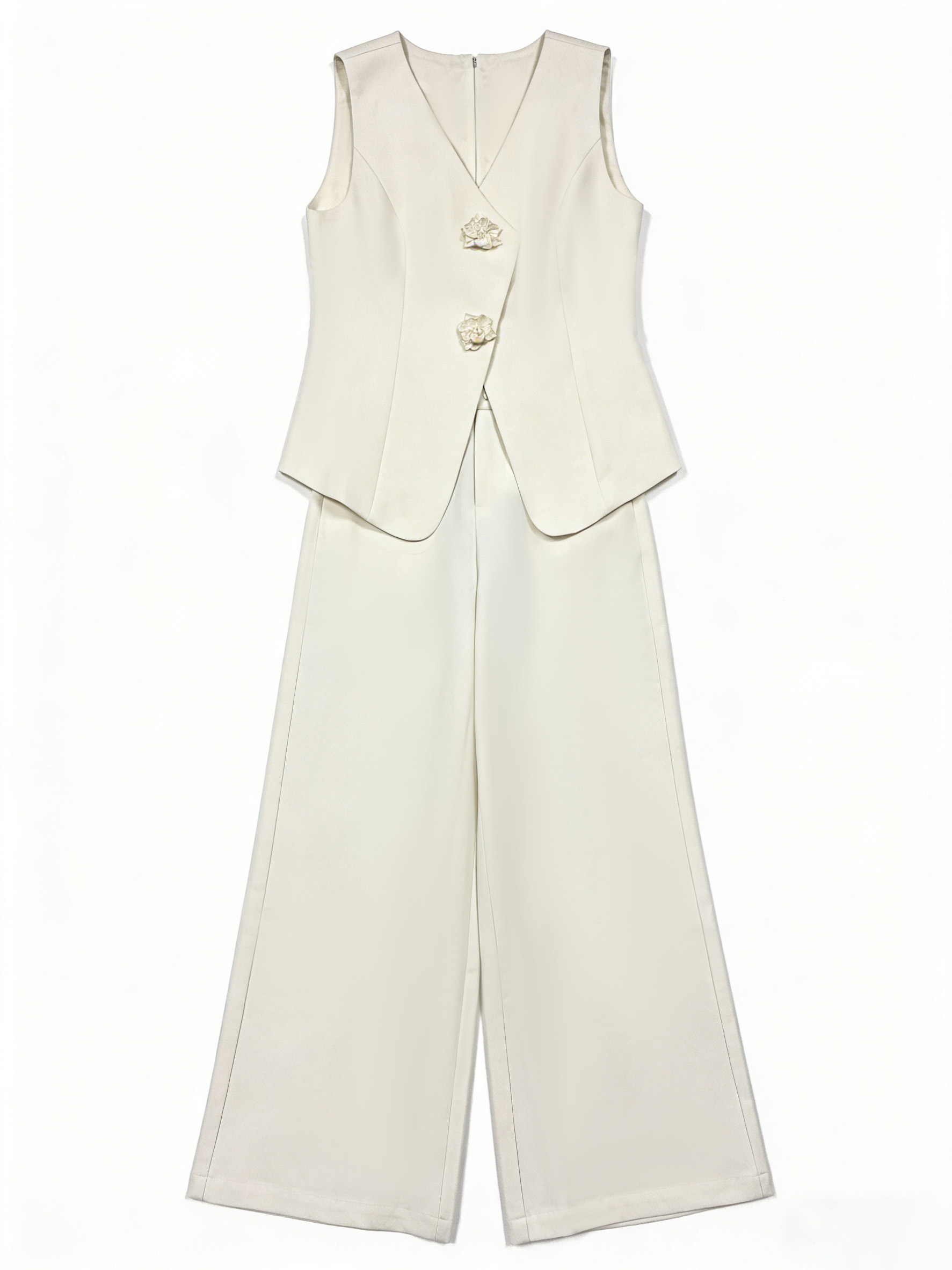 Women's Old Money Style White 2 Piece Set - Elegant Vest & Wide Leg Pants with 3D Floral Buttons C-41268+C-41269