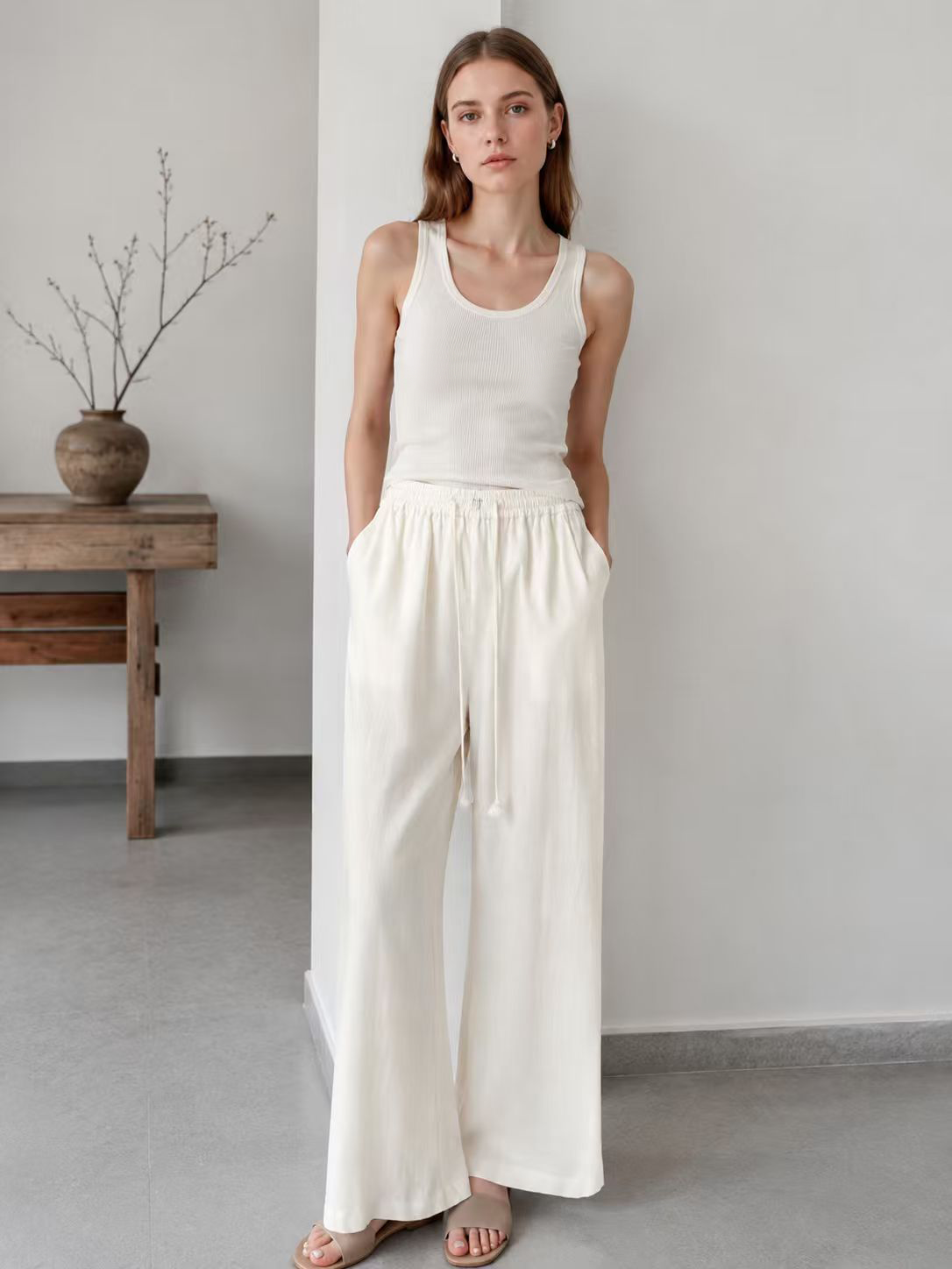 Elegant White Office Pants - Linen Blend Drawstring Waist Wide Leg Trousers  C-41969