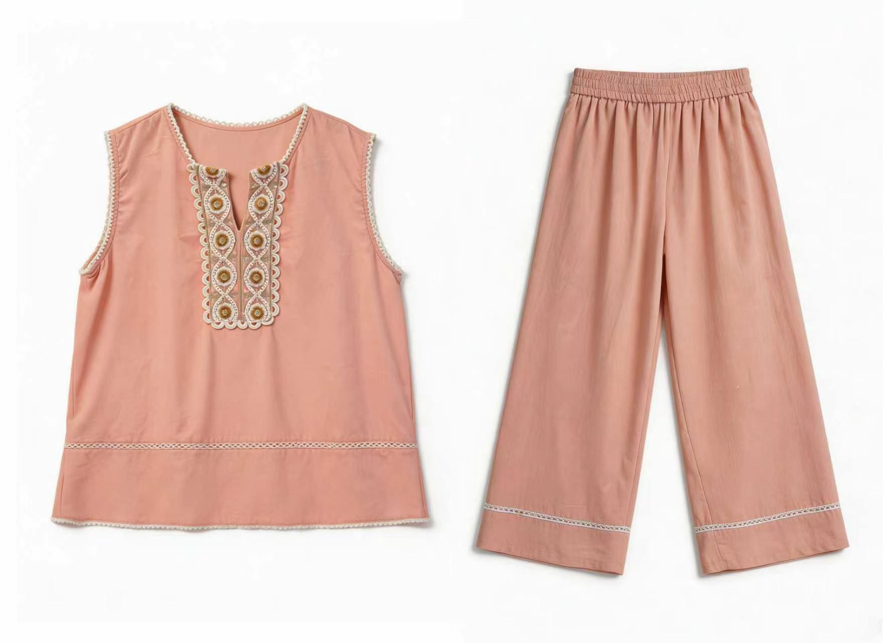 Linen-Blend Embroidered Two-Piece Set AN-750014