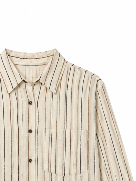 Women Cream Vertical Stripe Linen‑Blend Button‑Down Shirt W-43519
