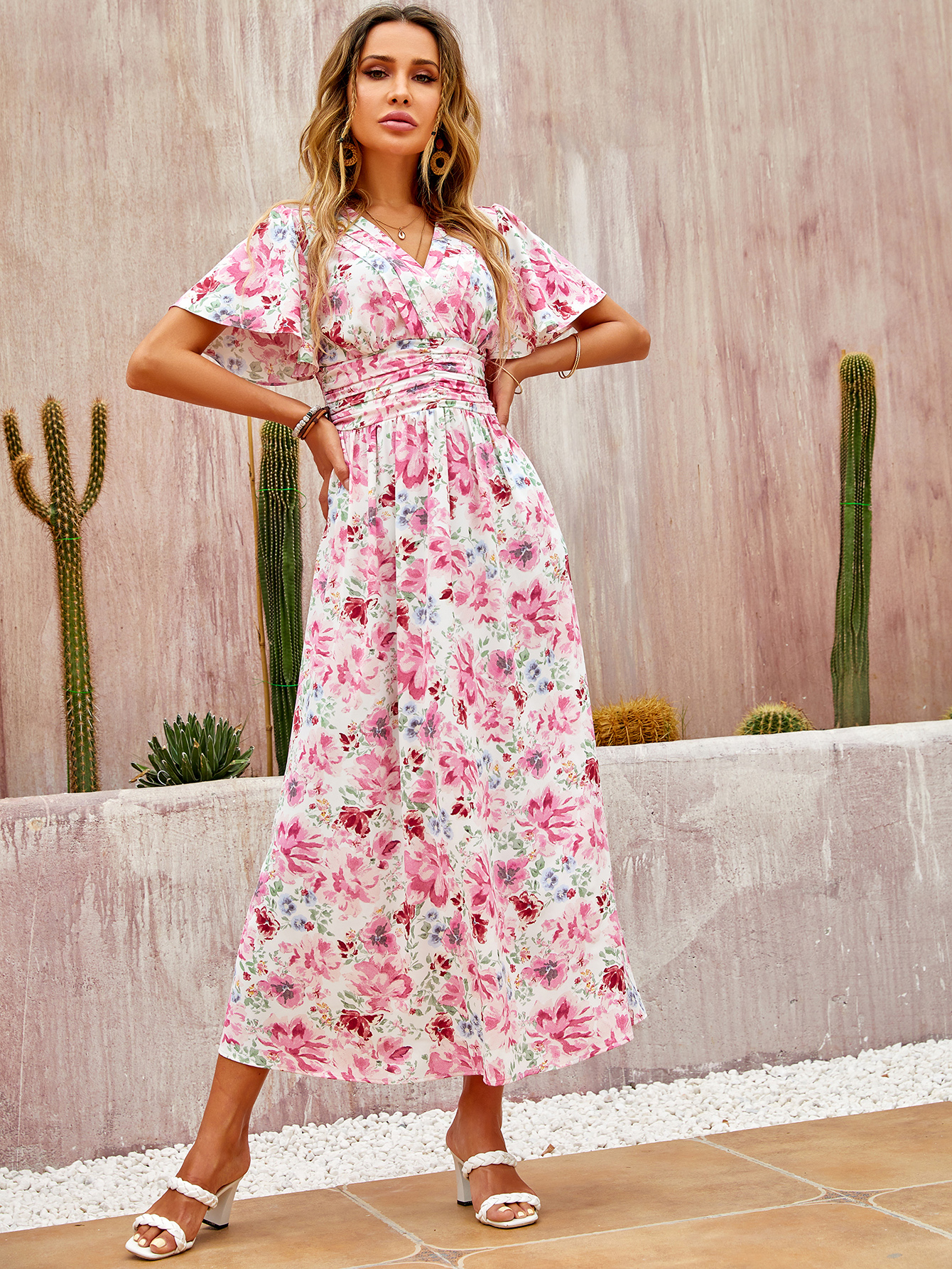 Romantic Floral V-Neck Ruched Waist Flowy Maxi Dress W-33046
