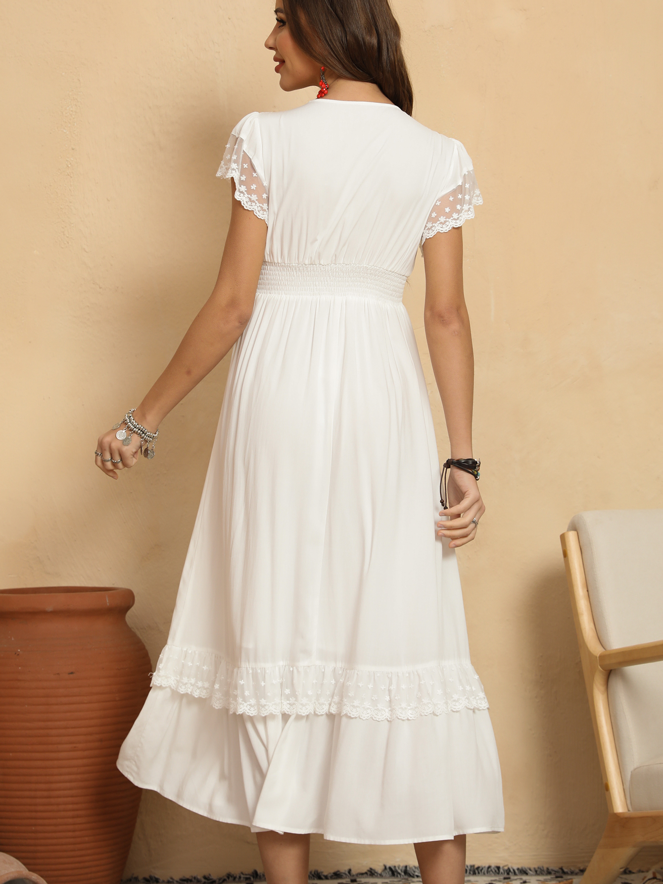 Women’s Boho Lace Trim V-Neck Tiered Maxi Dress D-35003