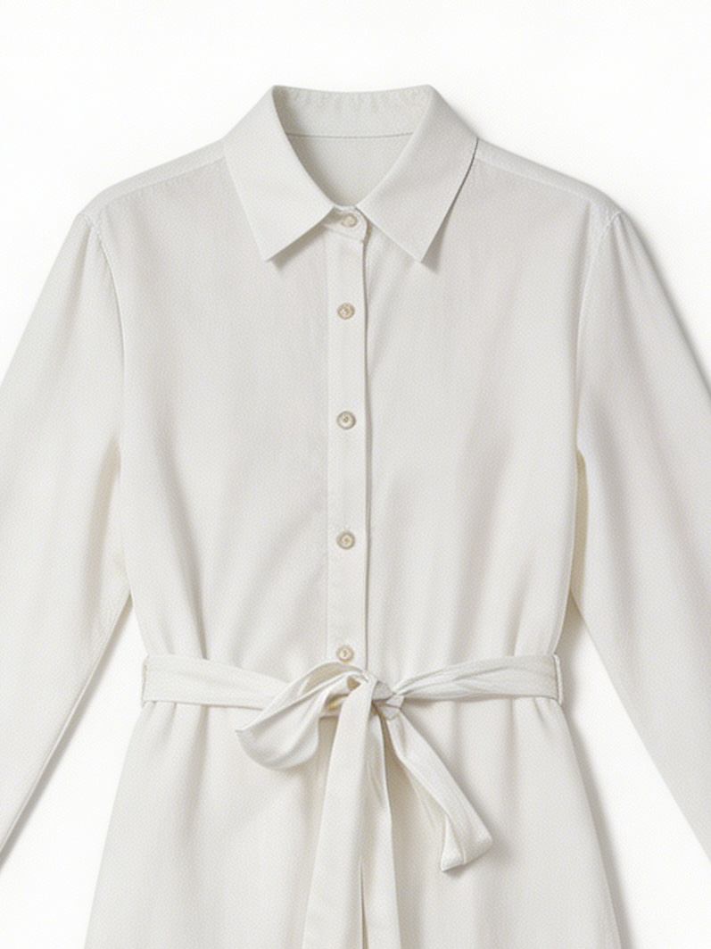 Classic White Shirt Dress - High-Waisted Belted Midi Dress S-2527