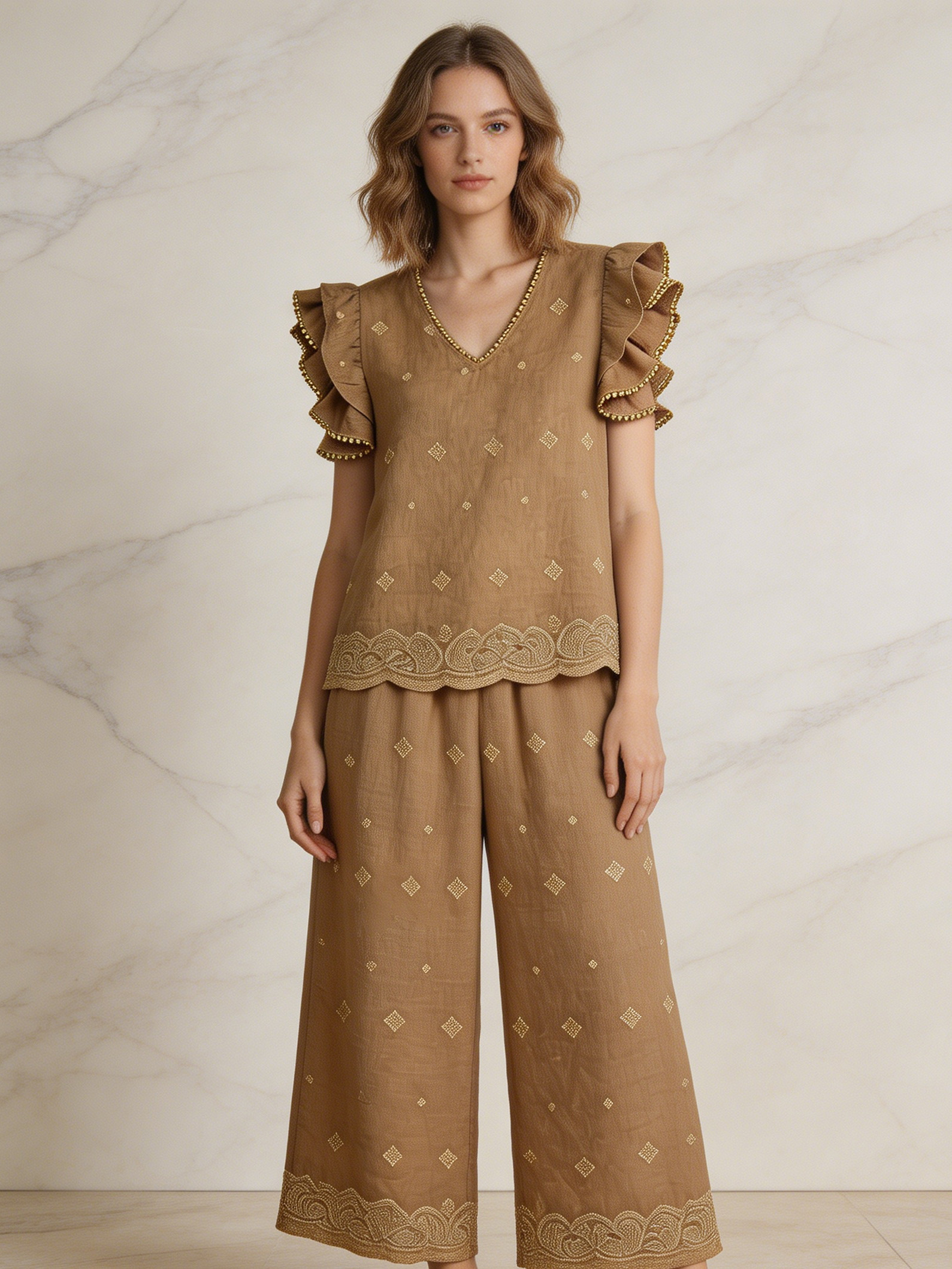 Women's Khaki Geometric Embroidered Two Piece Set - Ruffle Sleeve Top & Wide Leg Pants D-42075+D-42076
