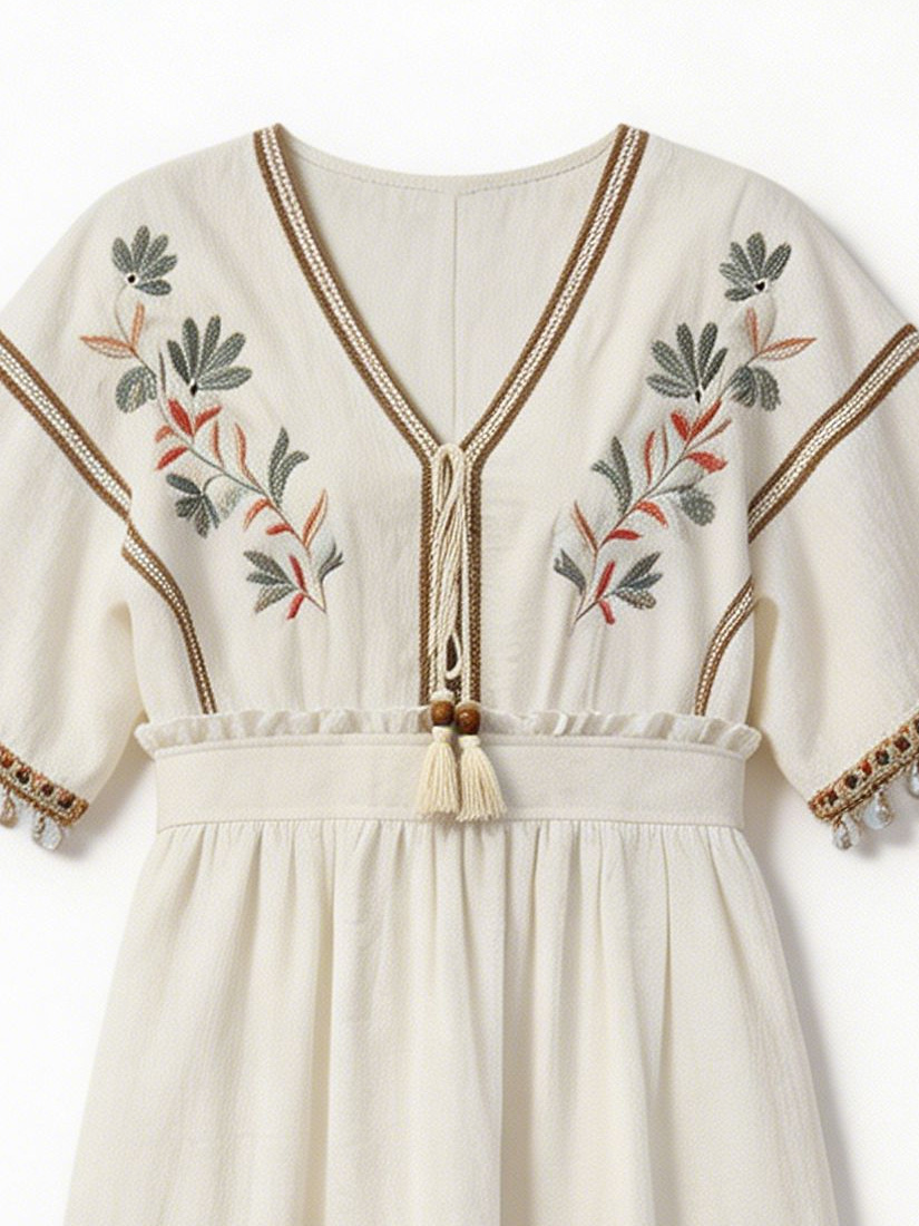 Women’s Boho Embroidered Tassel Tie Maxi Dress D-42829