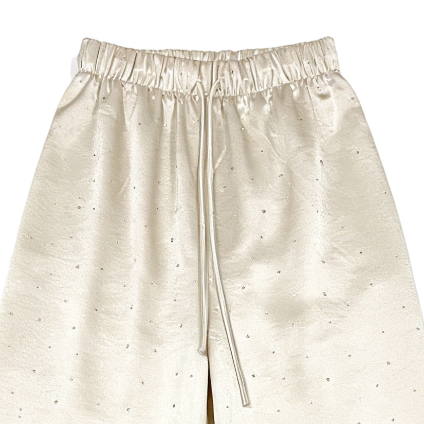 Women's Beige Satin Wide Leg Pants - Rhinestone Embellished Drawstring Trousers 21792