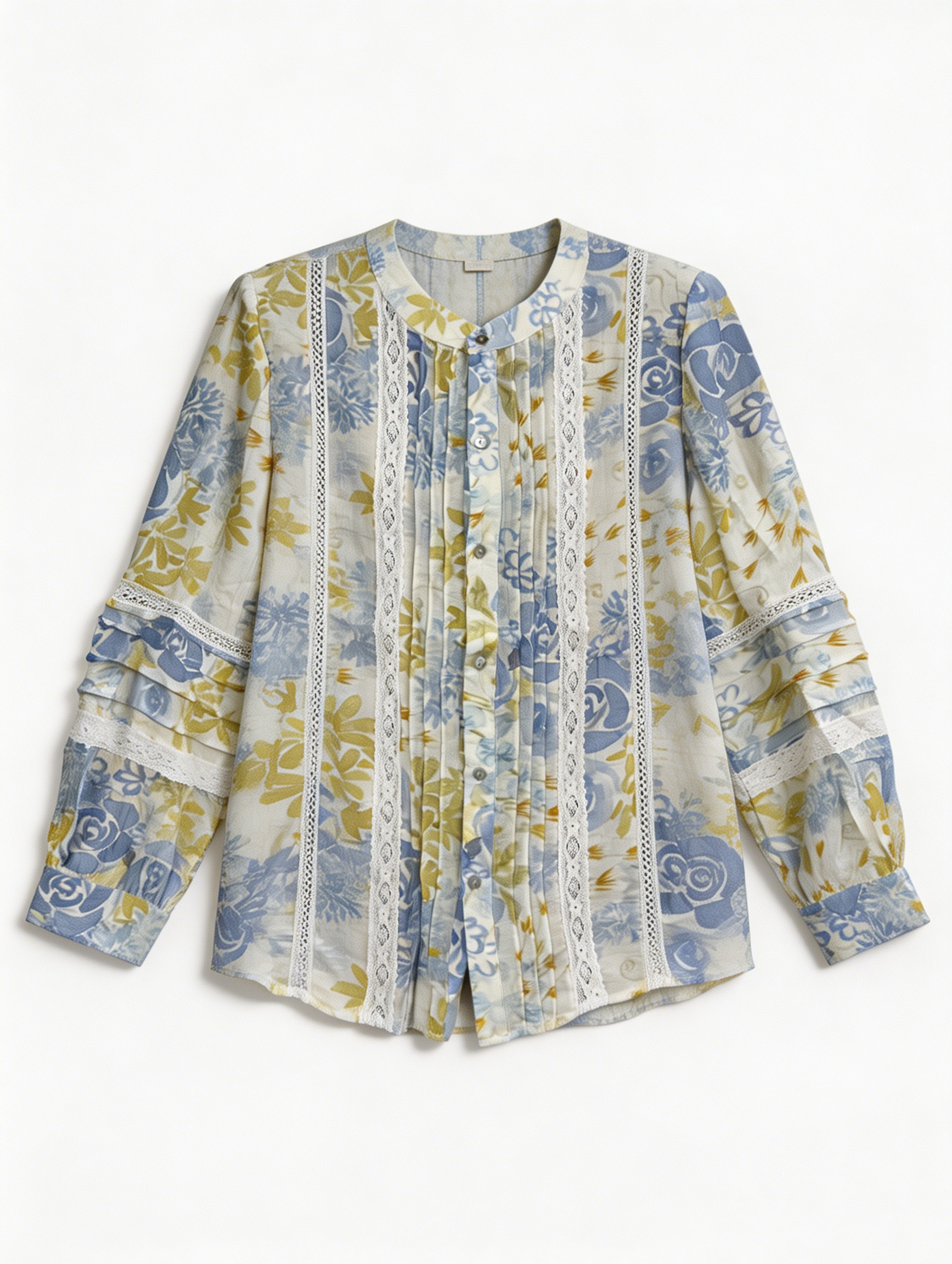 Boho  Floral Print Shirt - Lace Trim Relaxed Fit Blouse AN-710007