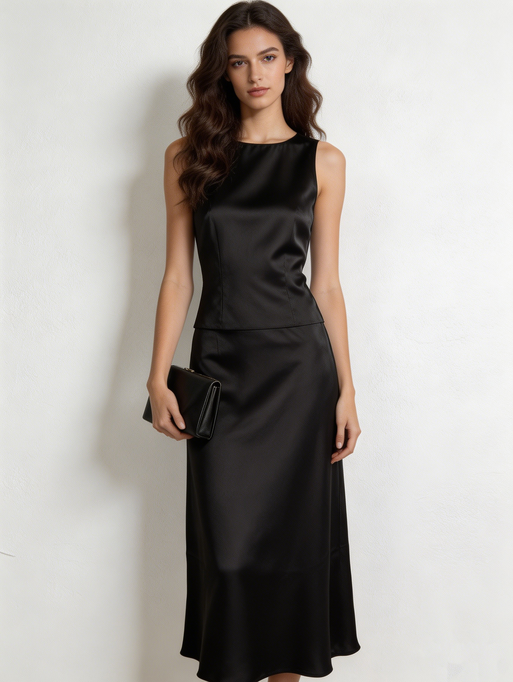 Elegant  Satin Office Skirt - Side Slit Tailored Midi Skirt  AN-710014