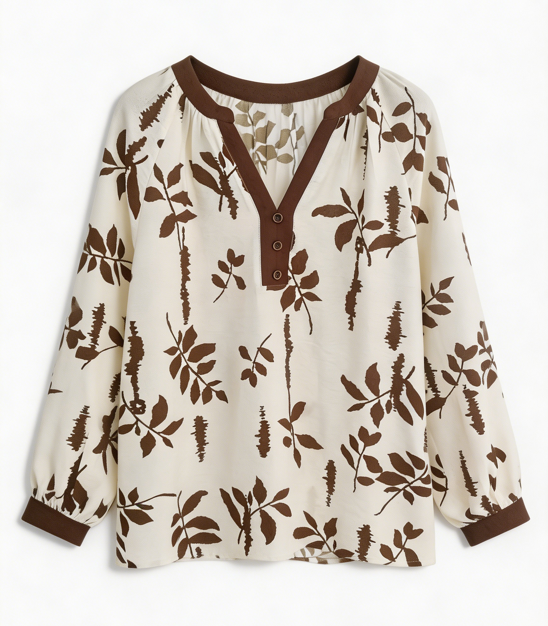 hic Earthy Botanical Print Long Sleeve Blouse with Contrast V-Neck A-42170
