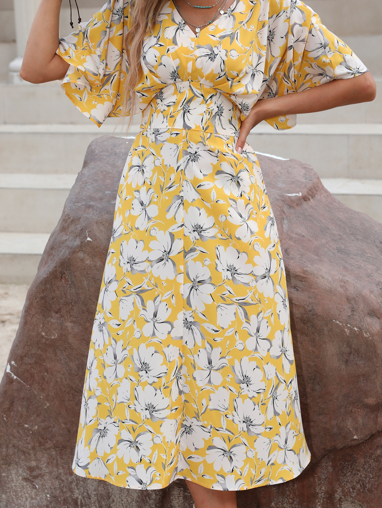 Women’s Yellow Floral V-Neck Midi Dress W-32793-1