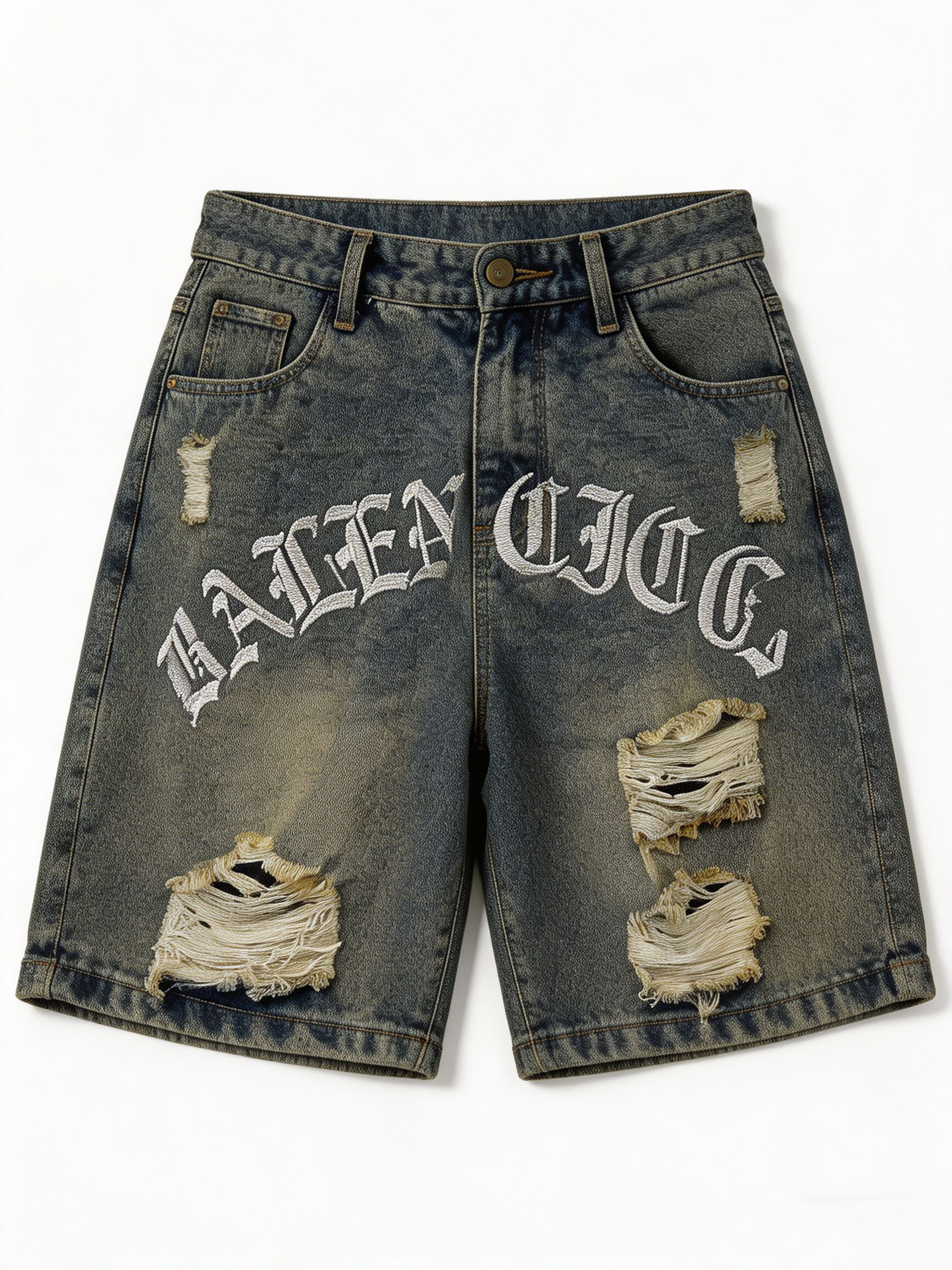 Y2K Streetwear Gothic Embroidery Baggy Denim Shorts Vintage Ripped Jorts ZY6077
