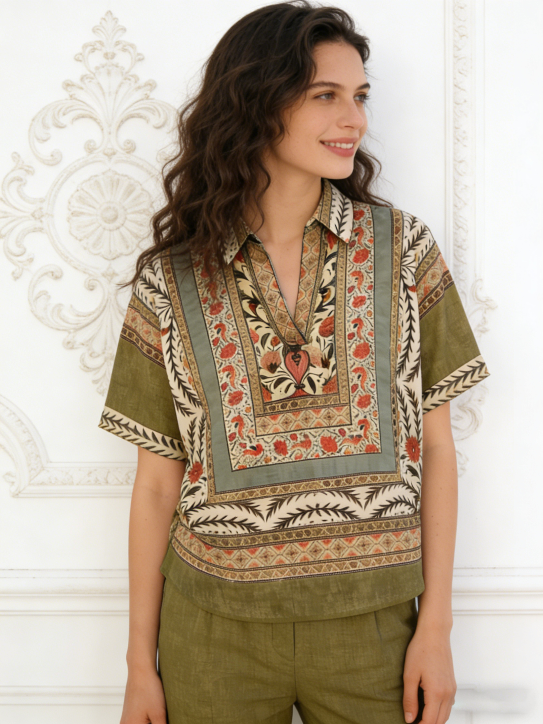 Elegant Olive Green Floral Patchwork Blouse - V-Neck Vacation Top  A-41675