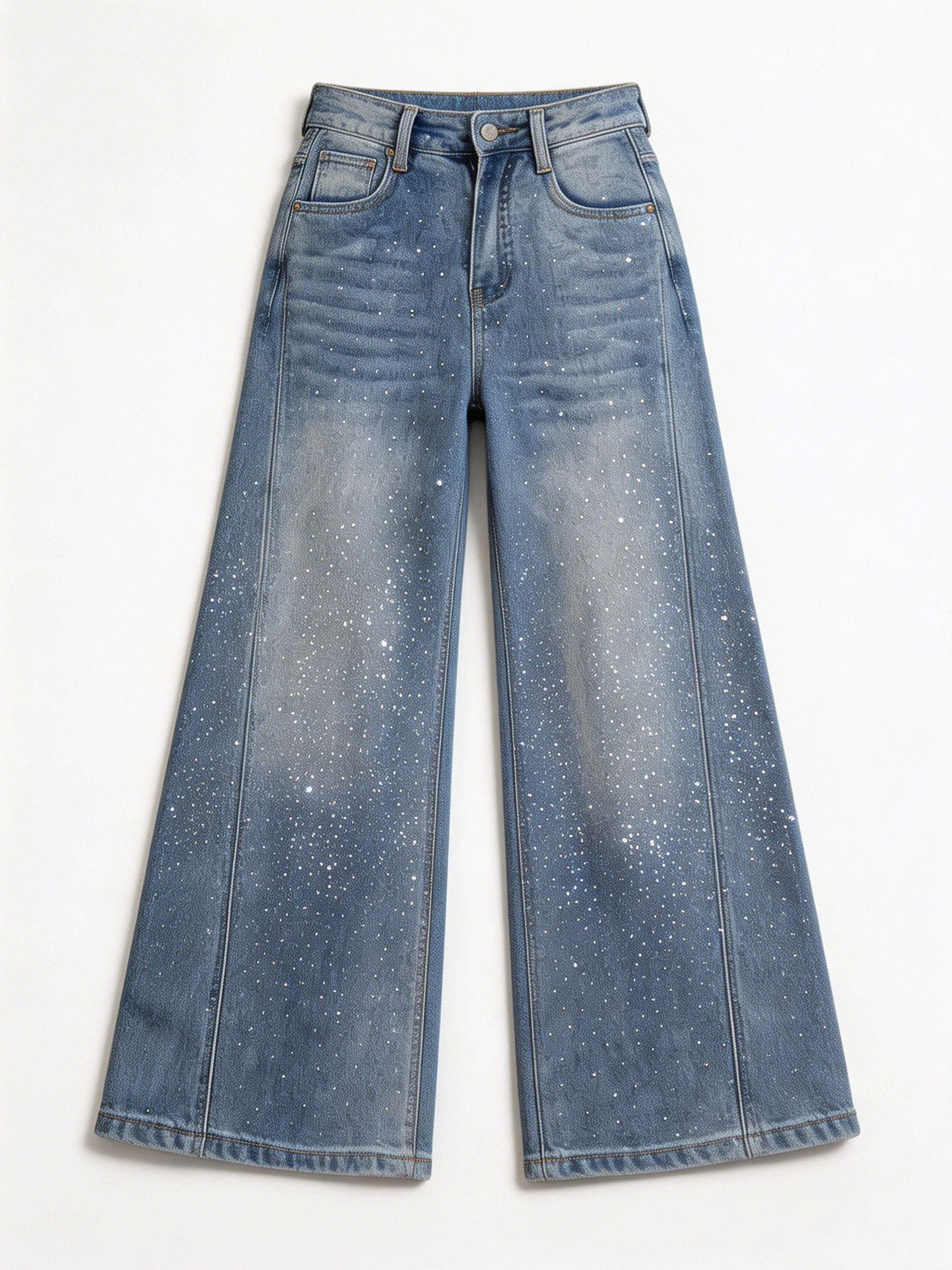 Premium Crystal Embellished Flare Jeans Women High Rise Statement Wash Denim ZY6025