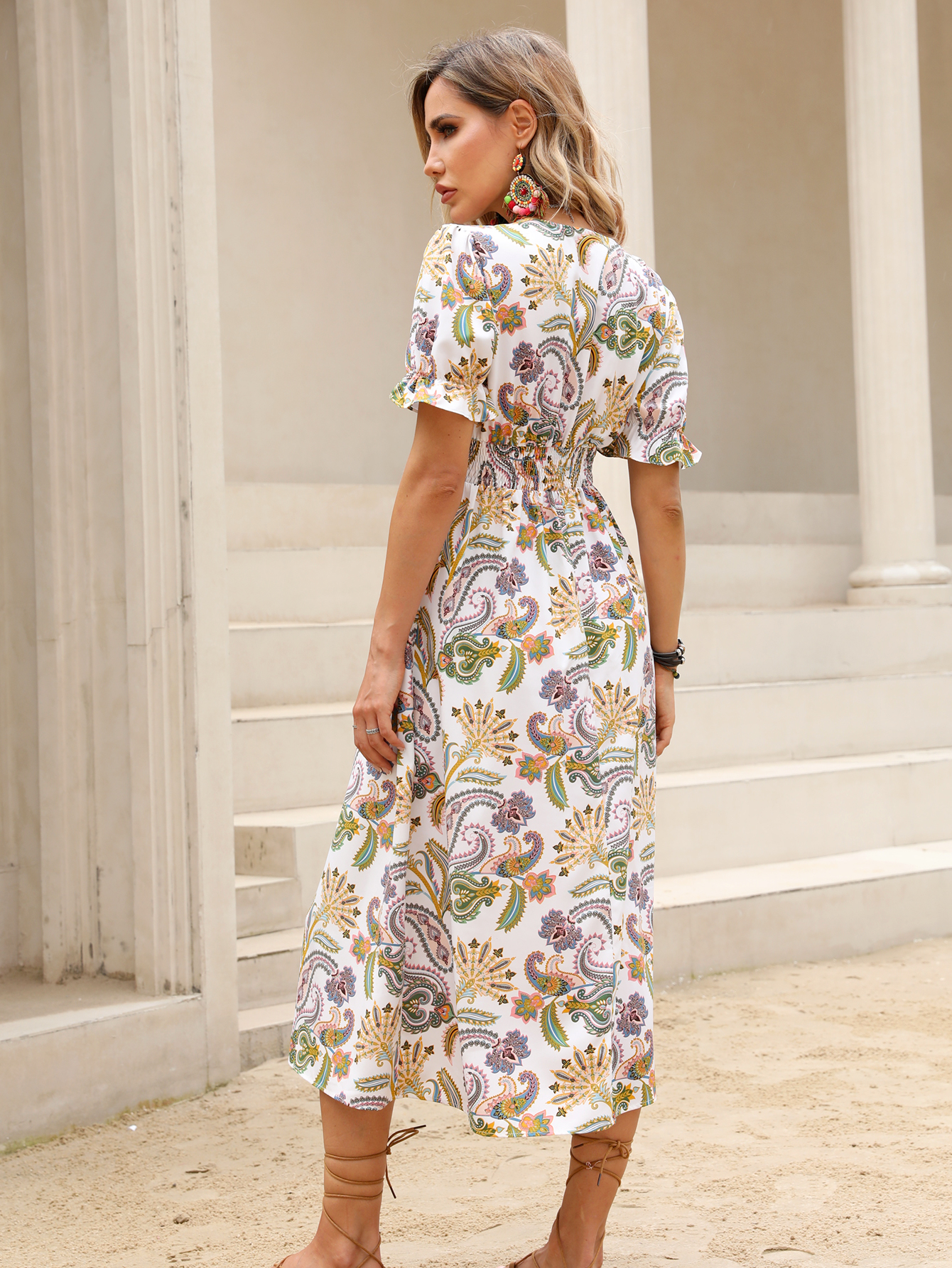 Women’s Boho Paisley Print V-Neck Midi Dress W-32726