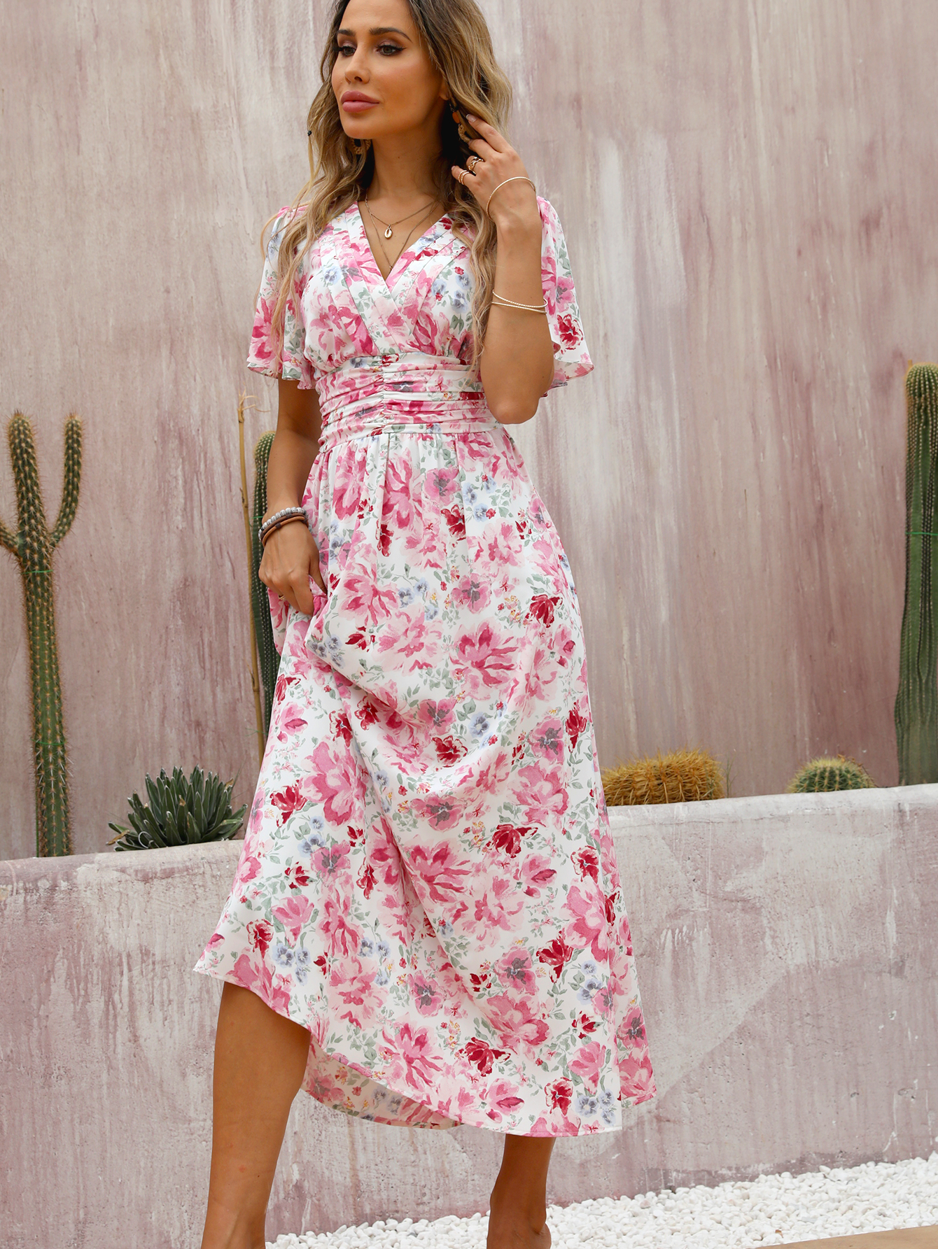 Romantic Floral V-Neck Ruched Waist Flowy Maxi Dress W-33046