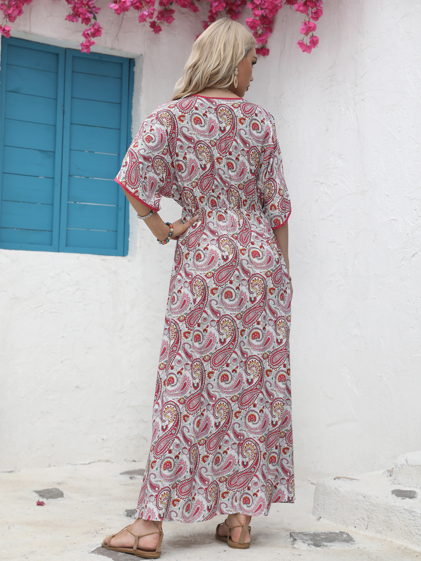 Women’s Boho Paisley Print V-Neck Flowy Maxi Dress D-35271