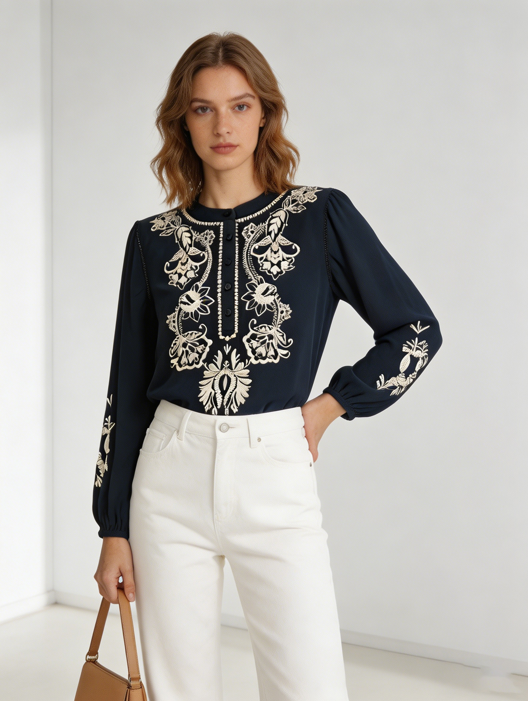 Wholesale Navy Blue Floral Embroidered Tunic Top Boho Long Sleeve Button Down Blouse AN-260413