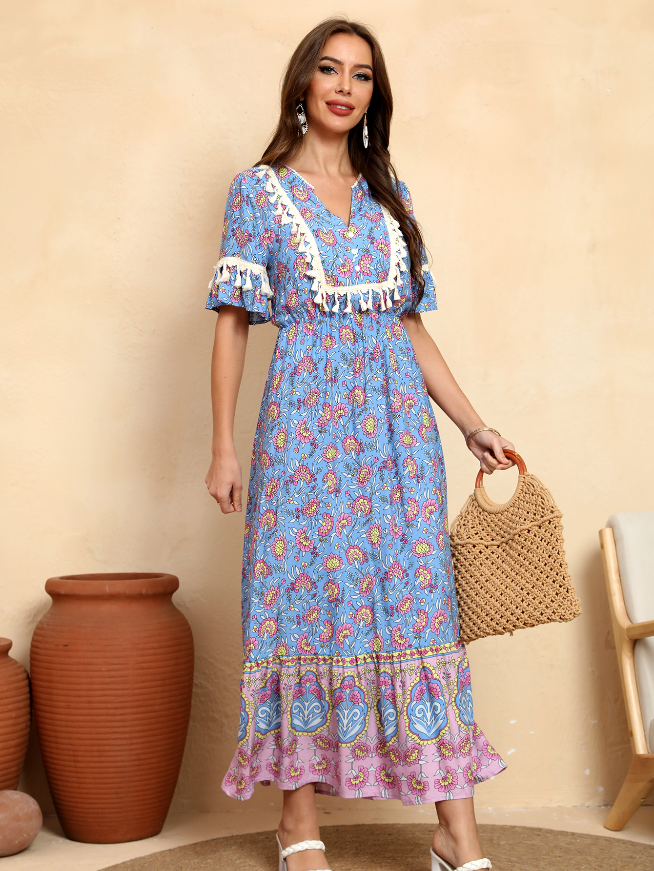 Women’s Boho Floral Tassel Trim Maxi Dress D-34727