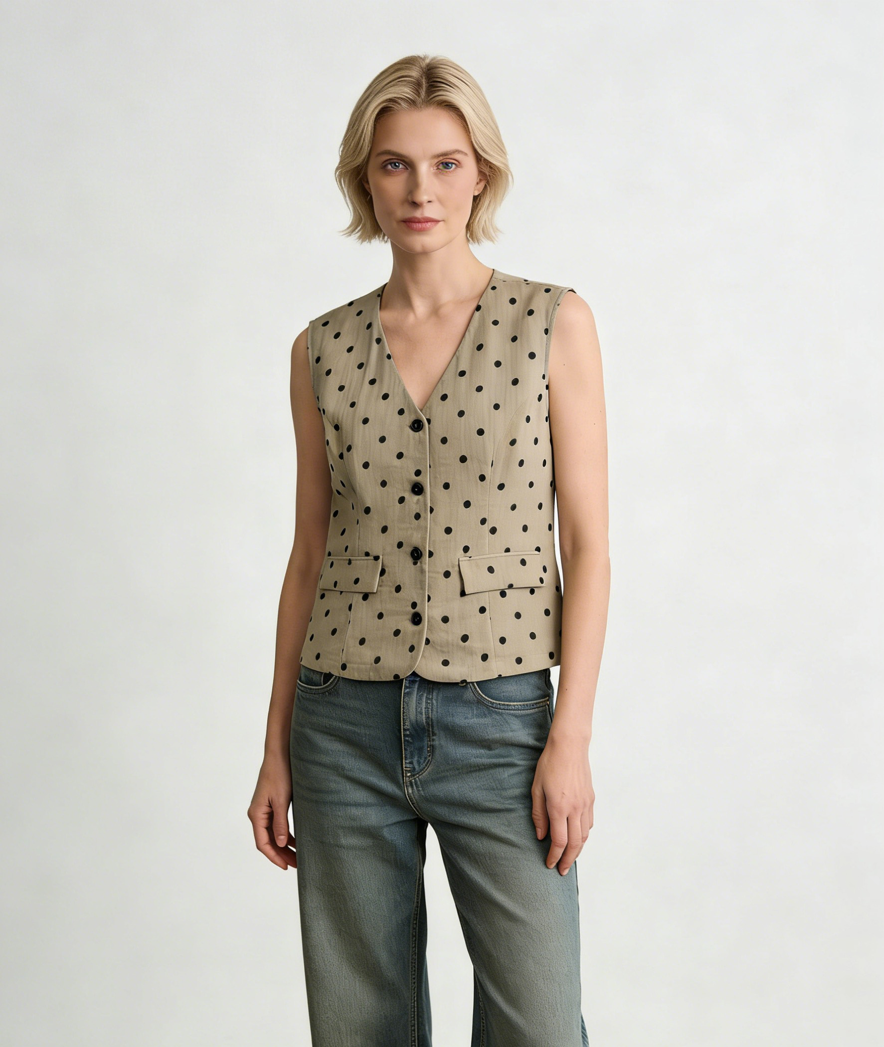 Chic Beige Polka Dot Vest - Fitted V-Neck Sleeveless Layering Top  A-42074