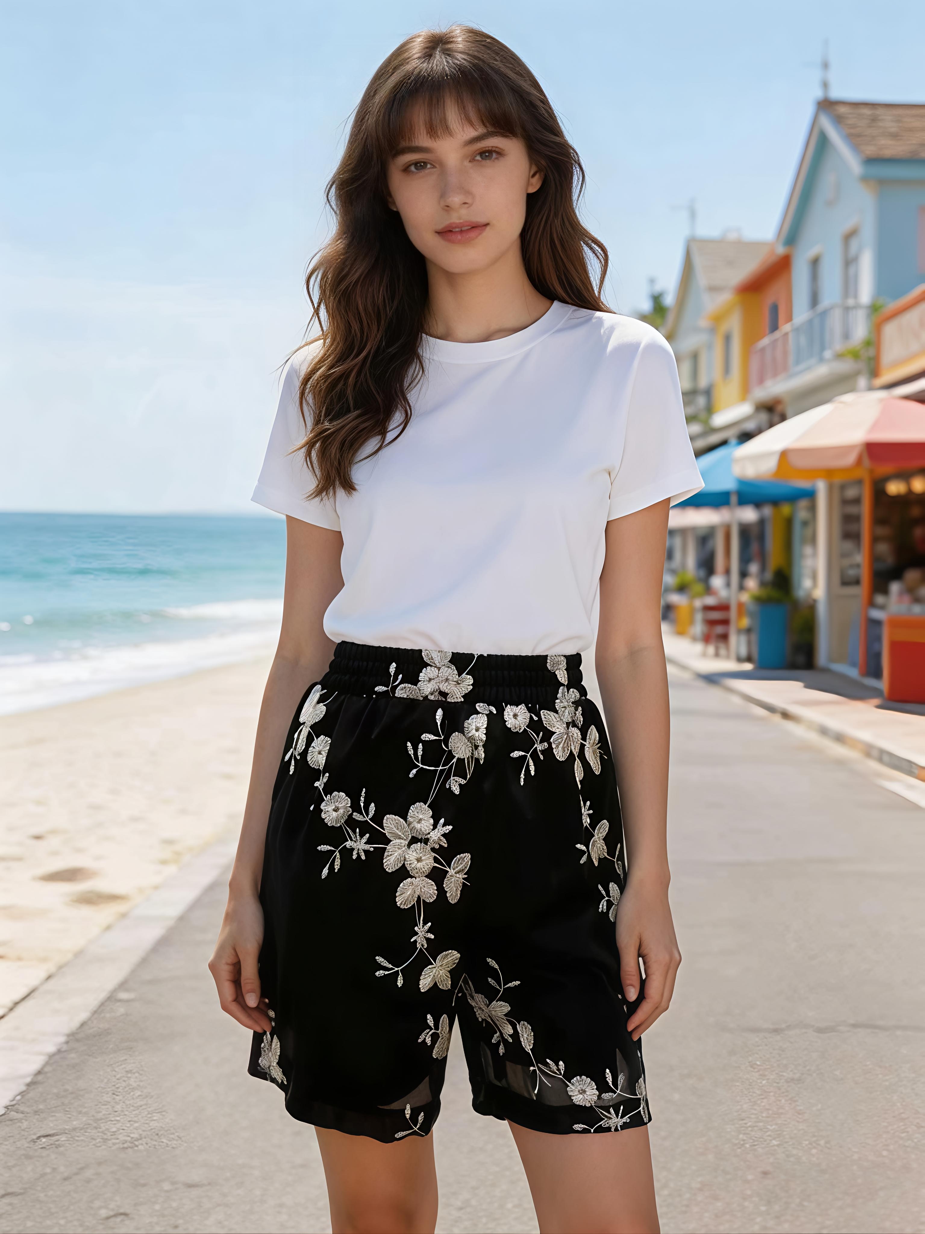 Black Floral Embroidered Boho Shorts M-40987